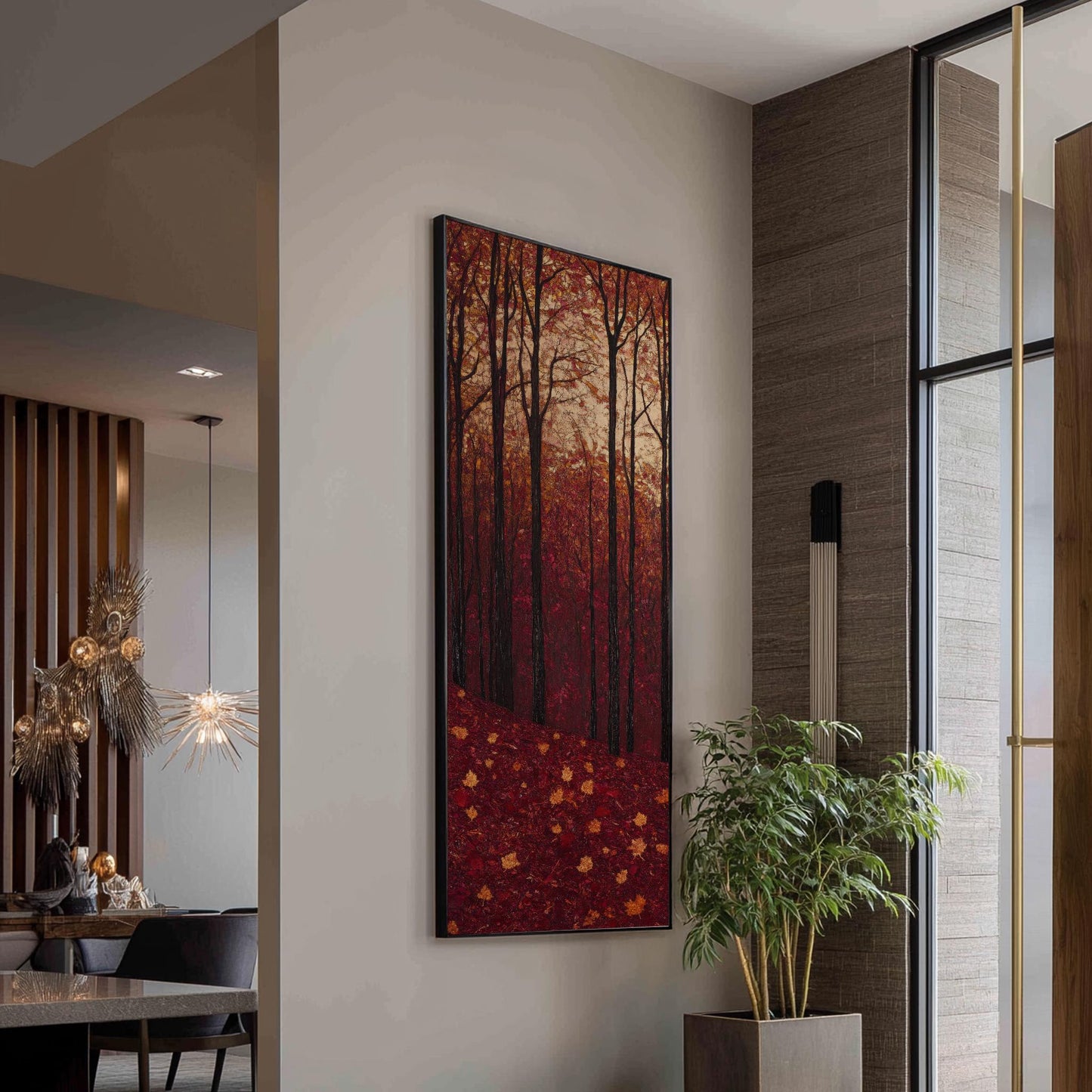 Autumnal Canopy Canvas Art | Impasto Print | Biophilic Wall Art For Living Room | Burgundy Ochre Art Long Vertical Art