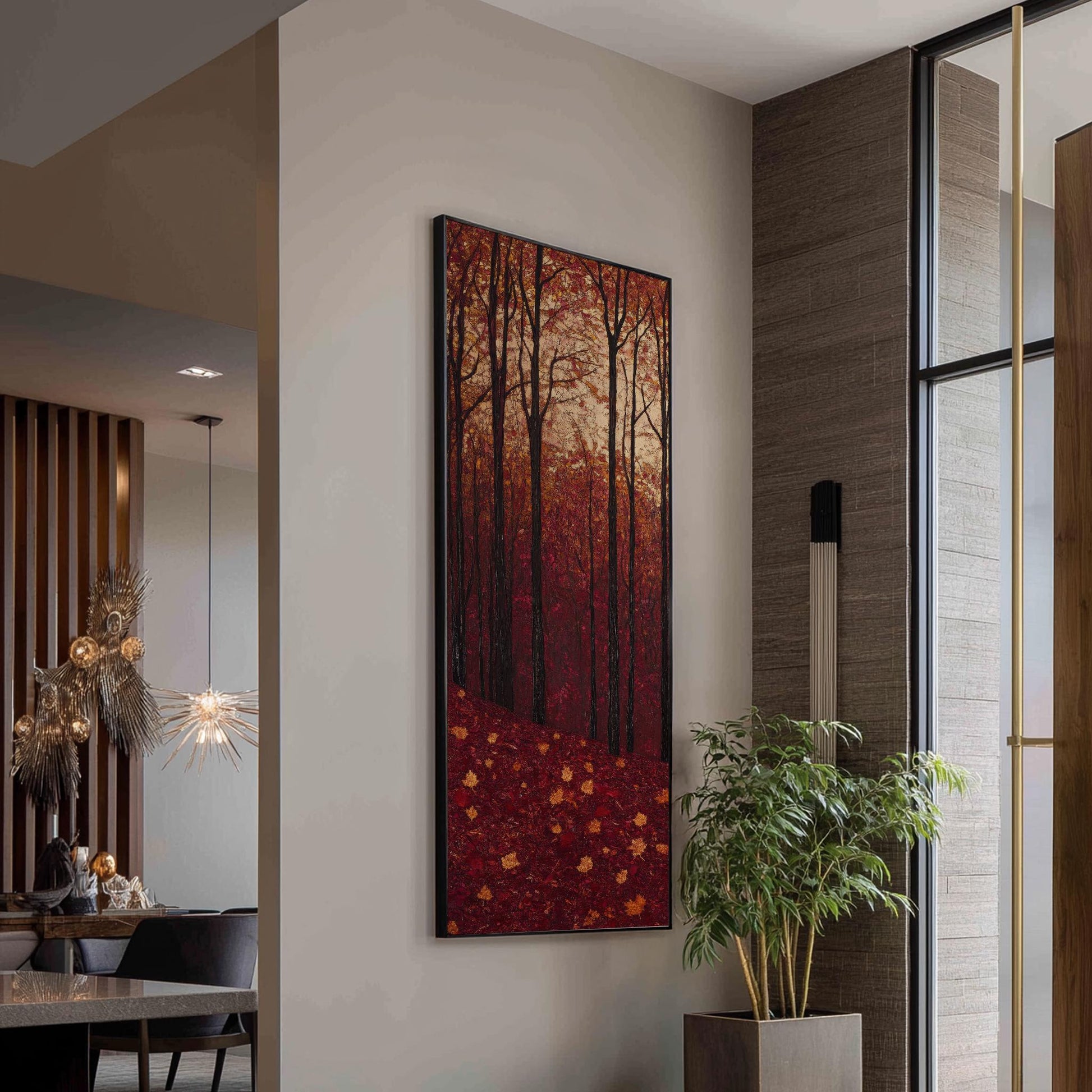 Autumnal Canopy Canvas Art | Impasto Print | Biophilic Wall Art For Living Room | Burgundy Ochre Art Long Vertical Art