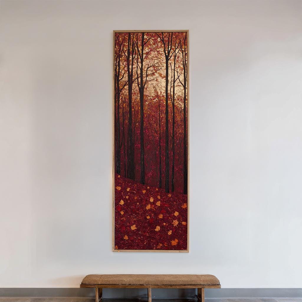Autumnal Canopy Canvas Art | Impasto Print | Biophilic Wall Art For Living Room | Burgundy Ochre Art Long Vertical Art