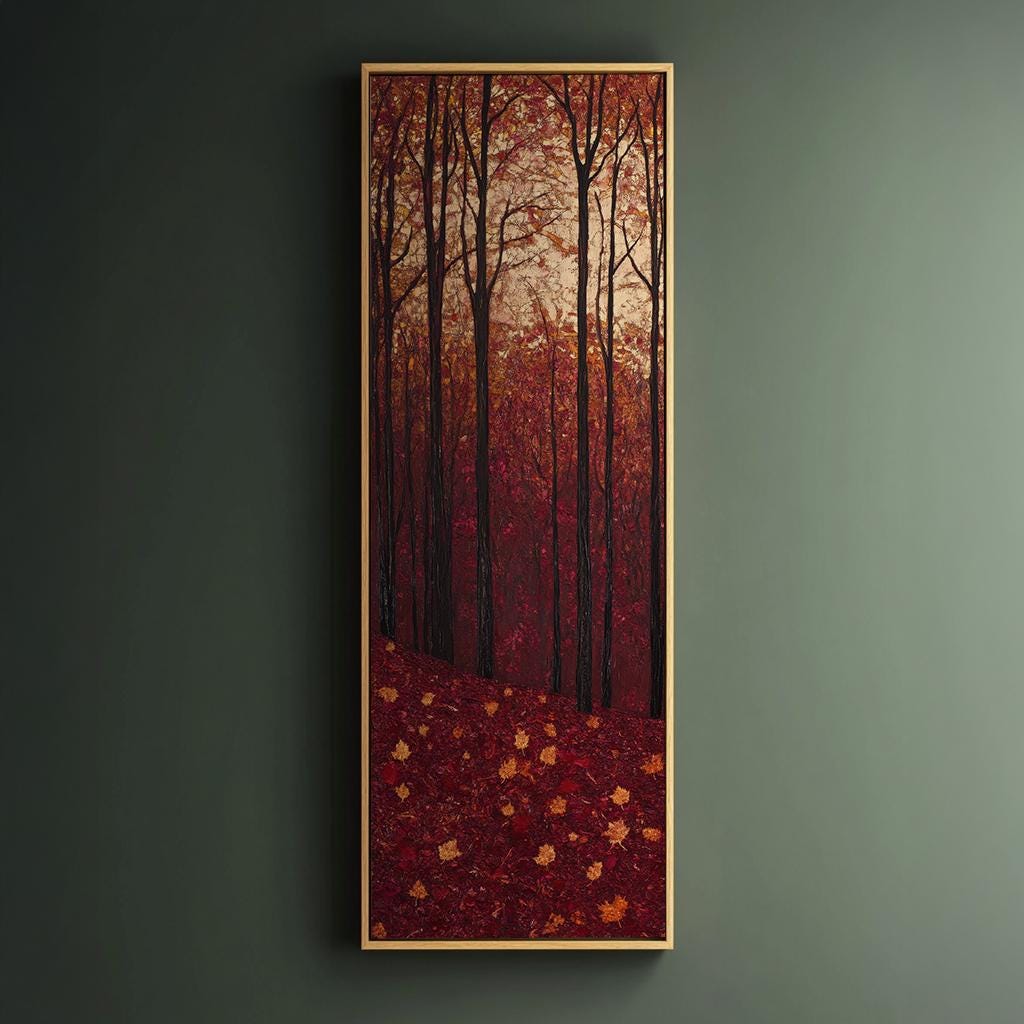 Autumnal Canopy Canvas Art | Impasto Print | Biophilic Wall Art For Living Room | Burgundy Ochre Art Long Vertical Art
