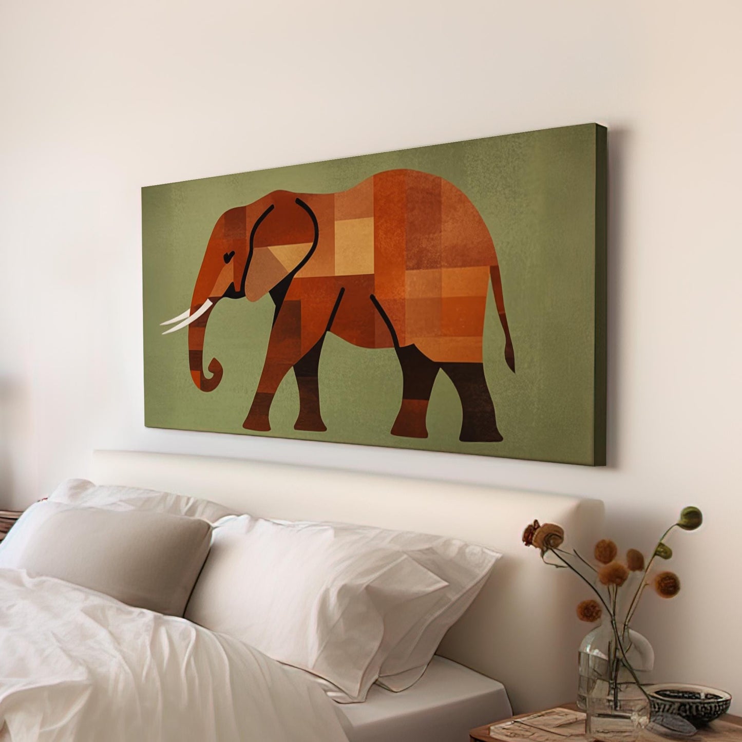 African Elephant Canvas Art | Geometric Cubism Print | Bohemian Wall Art For Living Room | Terracotta Sage Green Art Horizontal Art
