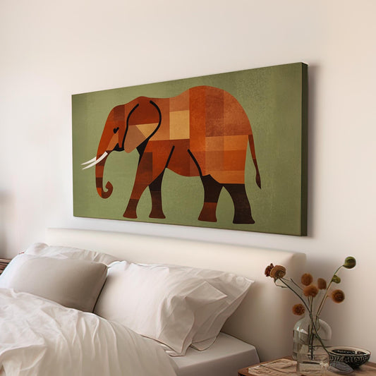 African Elephant Canvas Art | Geometric Cubism Print | Bohemian Wall Art For Living Room | Terracotta Sage Green Art Horizontal Art