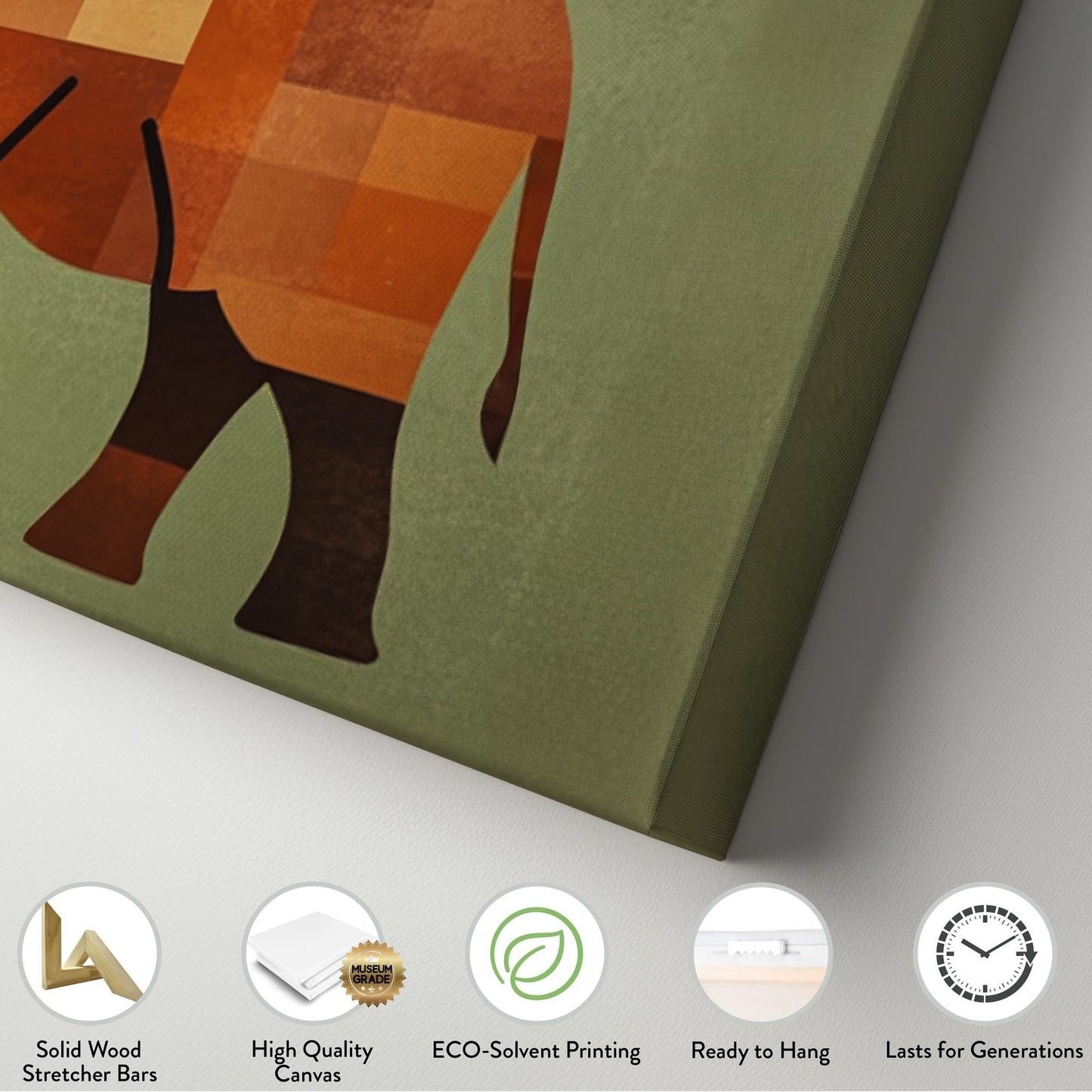 African Elephant Canvas Art | Geometric Cubism Print | Bohemian Wall Art For Living Room | Terracotta Sage Green Art Horizontal Art