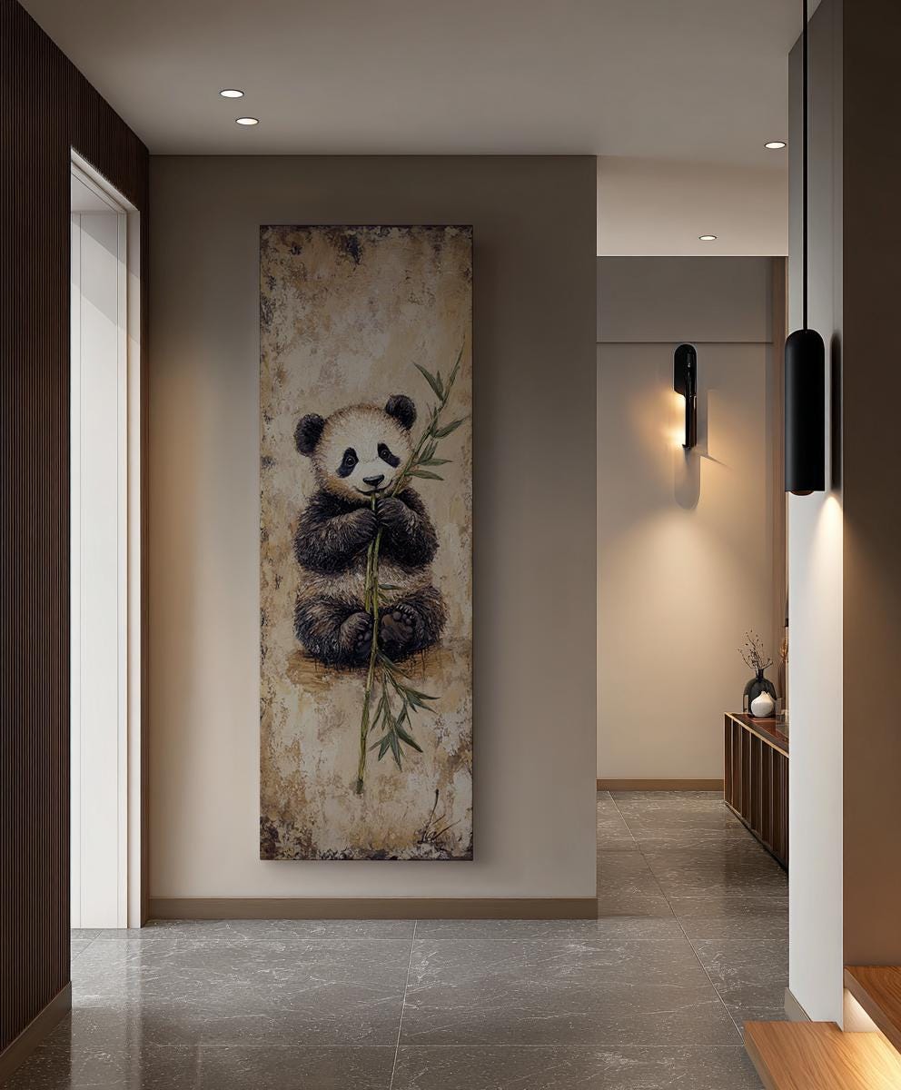 Adorable Panda Cub Canvas Art | Impasto Bamboo Print | Zen Minimalist Wall Art For Living Room | Sandstone Olive Art Long Vertical Art