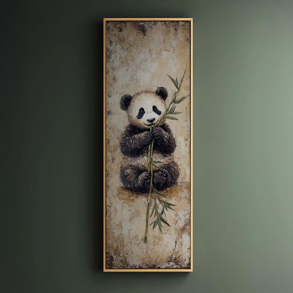 Adorable Panda Cub Canvas Art | Impasto Bamboo Print | Zen Minimalist Wall Art For Living Room | Sandstone Olive Art Long Vertical Art