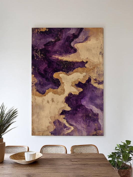 Abstract Amethyst Gold Foil Canvas Art | Fluid Acrylic Pour Print | Glam Bohemian Wall Art For Living Room Vertical Canvas