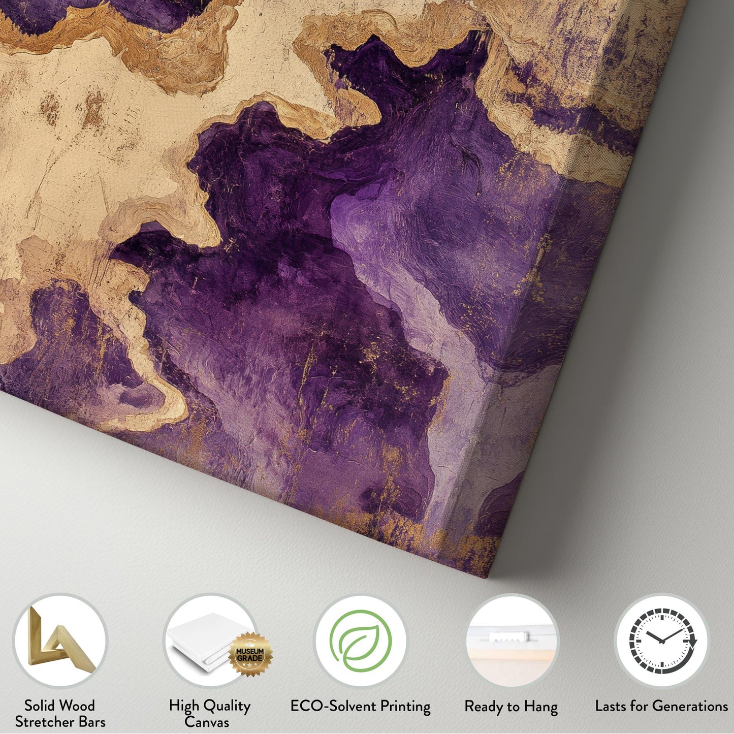 Abstract Amethyst Gold Foil Canvas Art | Fluid Acrylic Pour Print | Glam Bohemian Wall Art For Living Room Vertical Canvas