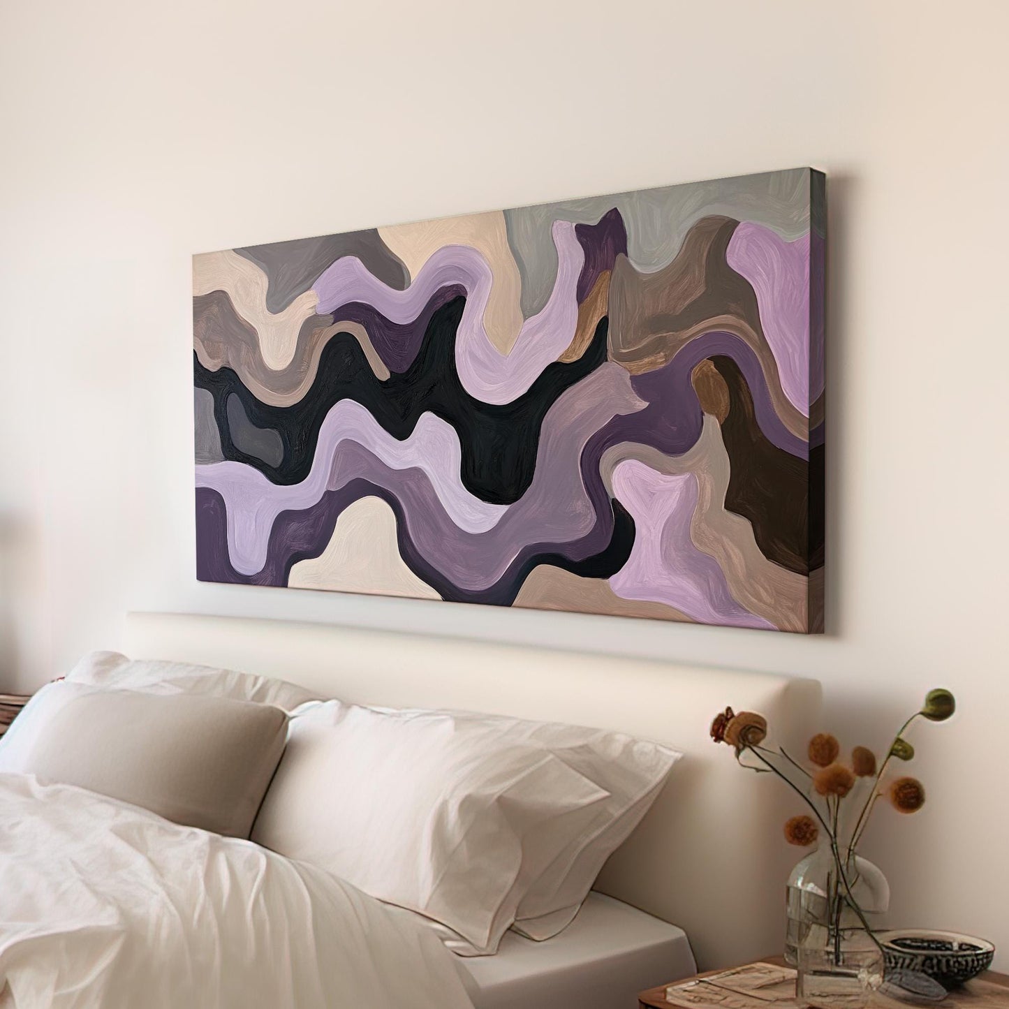 Abstract Fluid Canvas Art | Impasto Print | Biophilic Wall Art For Living Room | Taupe And Lavender Art | Tranquil Decor Horizontal Art