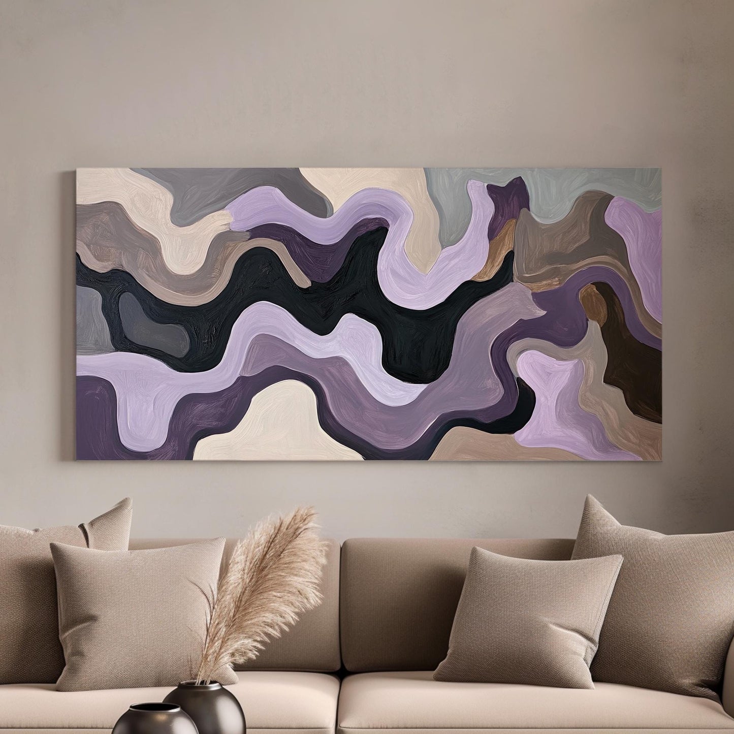 Abstract Fluid Canvas Art | Impasto Print | Biophilic Wall Art For Living Room | Taupe And Lavender Art | Tranquil Decor Horizontal Art