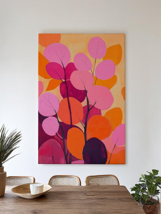 Abstract Eucalyptus Canvas Art | Impasto Print | Bohemian Wall Art For Living Room | Sunset Coral Art Vertical Canvas