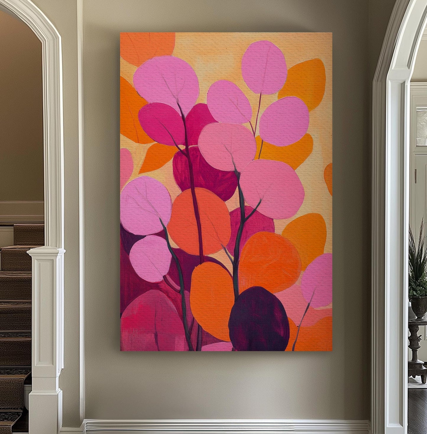 Abstract Eucalyptus Canvas Art | Impasto Print | Bohemian Wall Art For Living Room | Sunset Coral Art Vertical Canvas