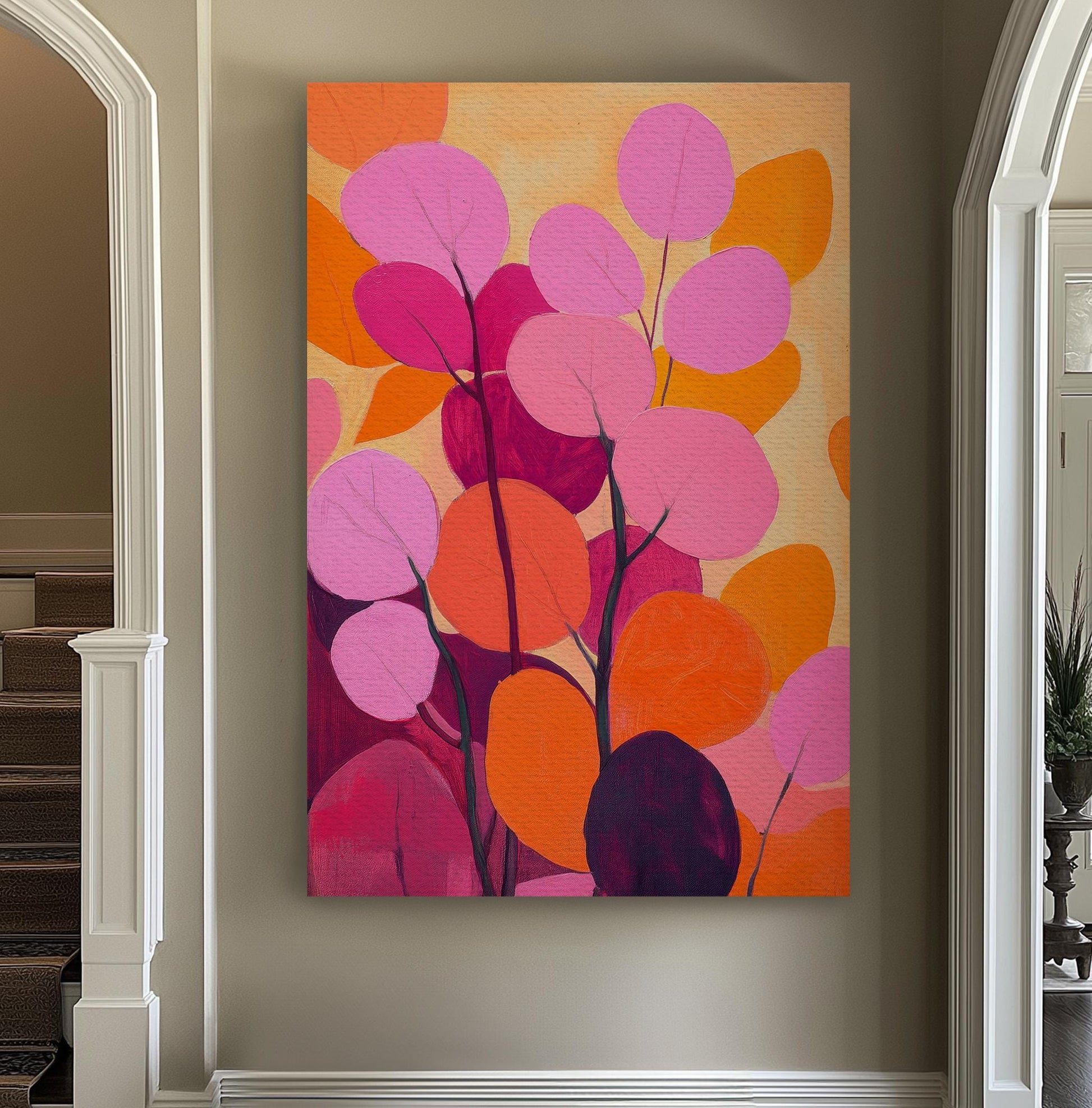 Abstract Eucalyptus Canvas Art | Impasto Print | Bohemian Wall Art For Living Room | Sunset Coral Art Vertical Canvas