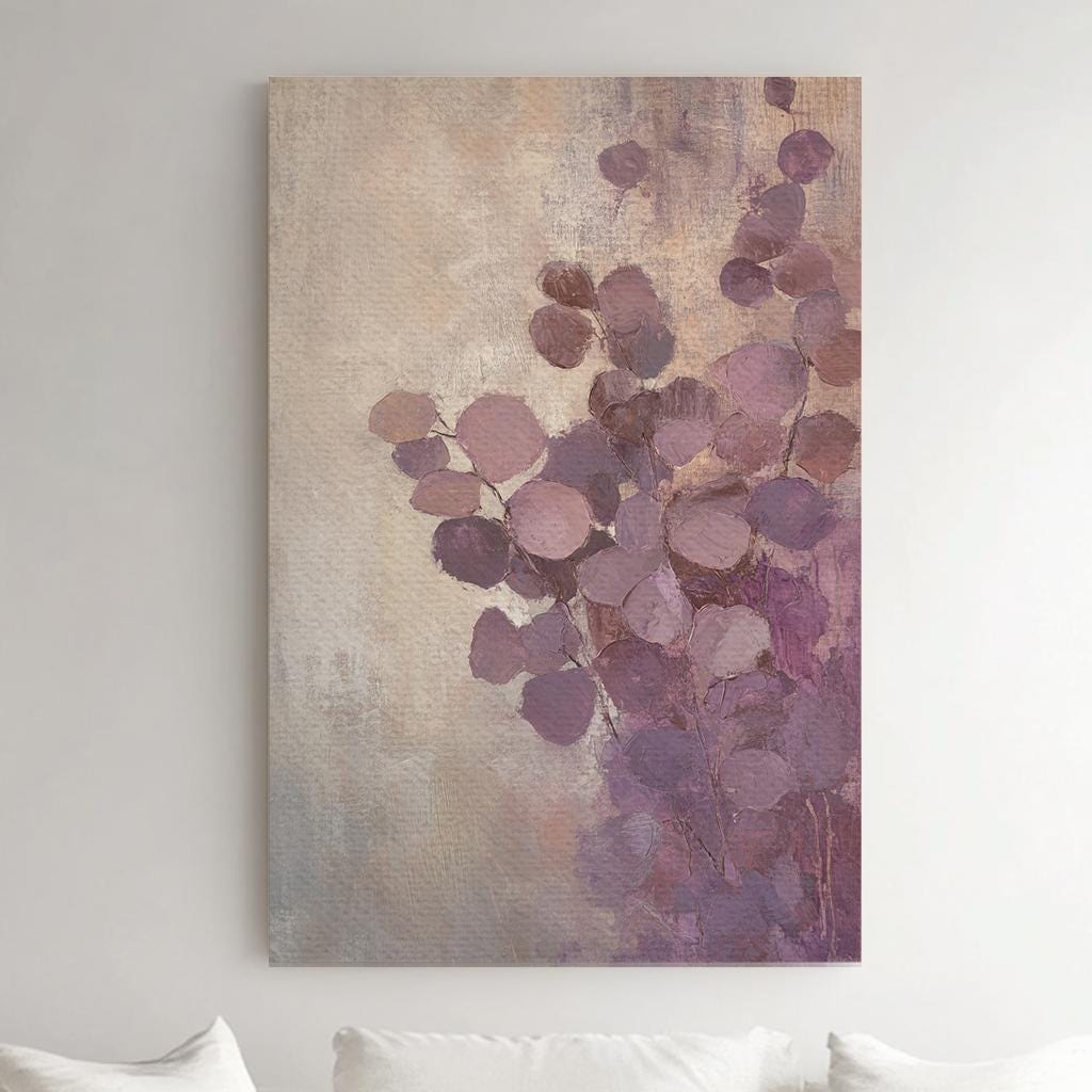 Abstract Eucalyptus Botanical Canvas Art | Impasto Painting Print | Bohemian Wall Art For Living Room | Mauve Blush Art Vertical Canvas