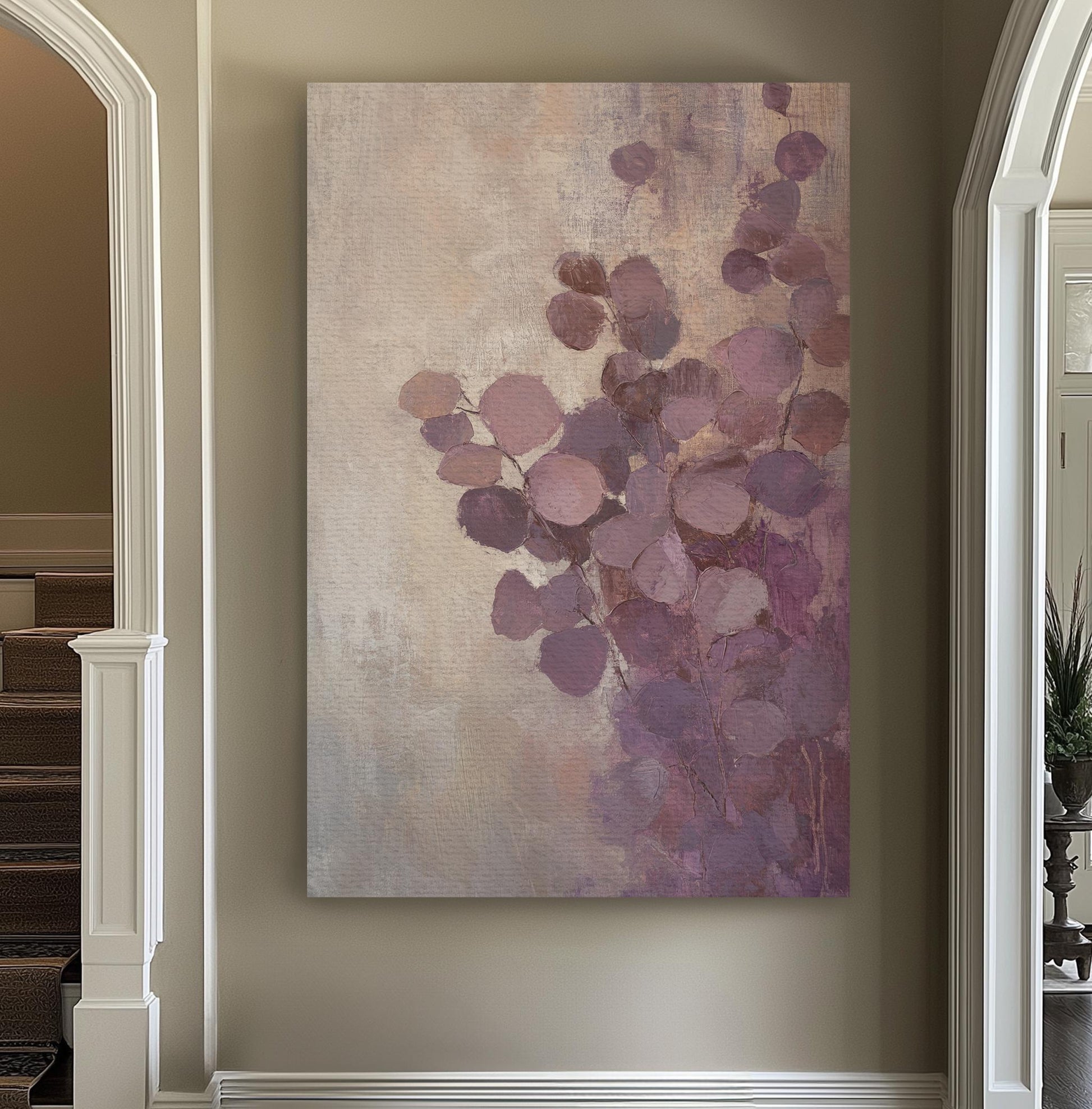 Abstract Eucalyptus Botanical Canvas Art | Impasto Painting Print | Bohemian Wall Art For Living Room | Mauve Blush Art Vertical Canvas