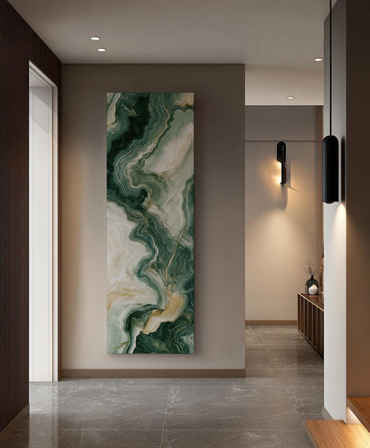 Abstract Emerald Vein Canvas Art | Fluid Acrylic Pour Print | Biophilic Wall Art For Living Room | Jadeite and Oyster Art Long Vertical Art