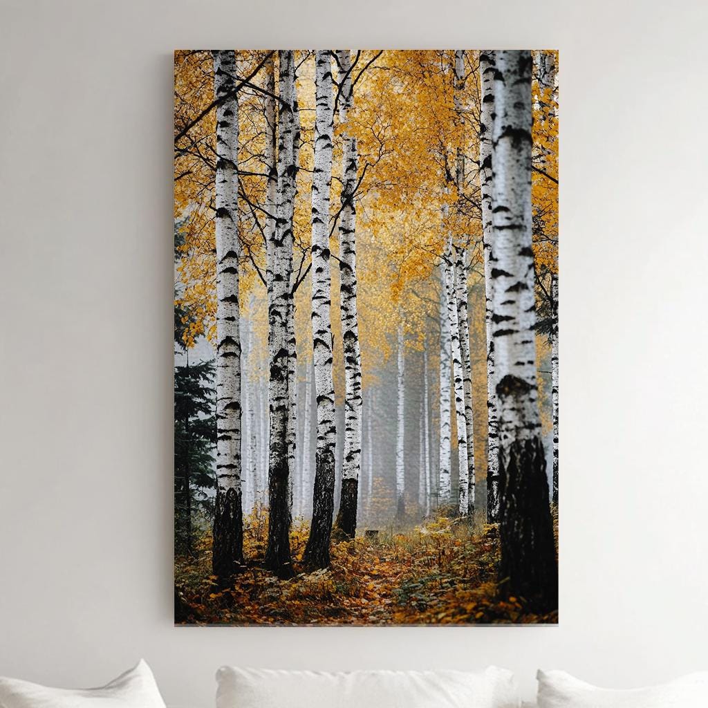Autumnal Birch Grove Canvas Art | Misty Forest Print | Tranquil Scandinavian Wall Art For Living Room | Honeyed Amber Art Vertical Canvas