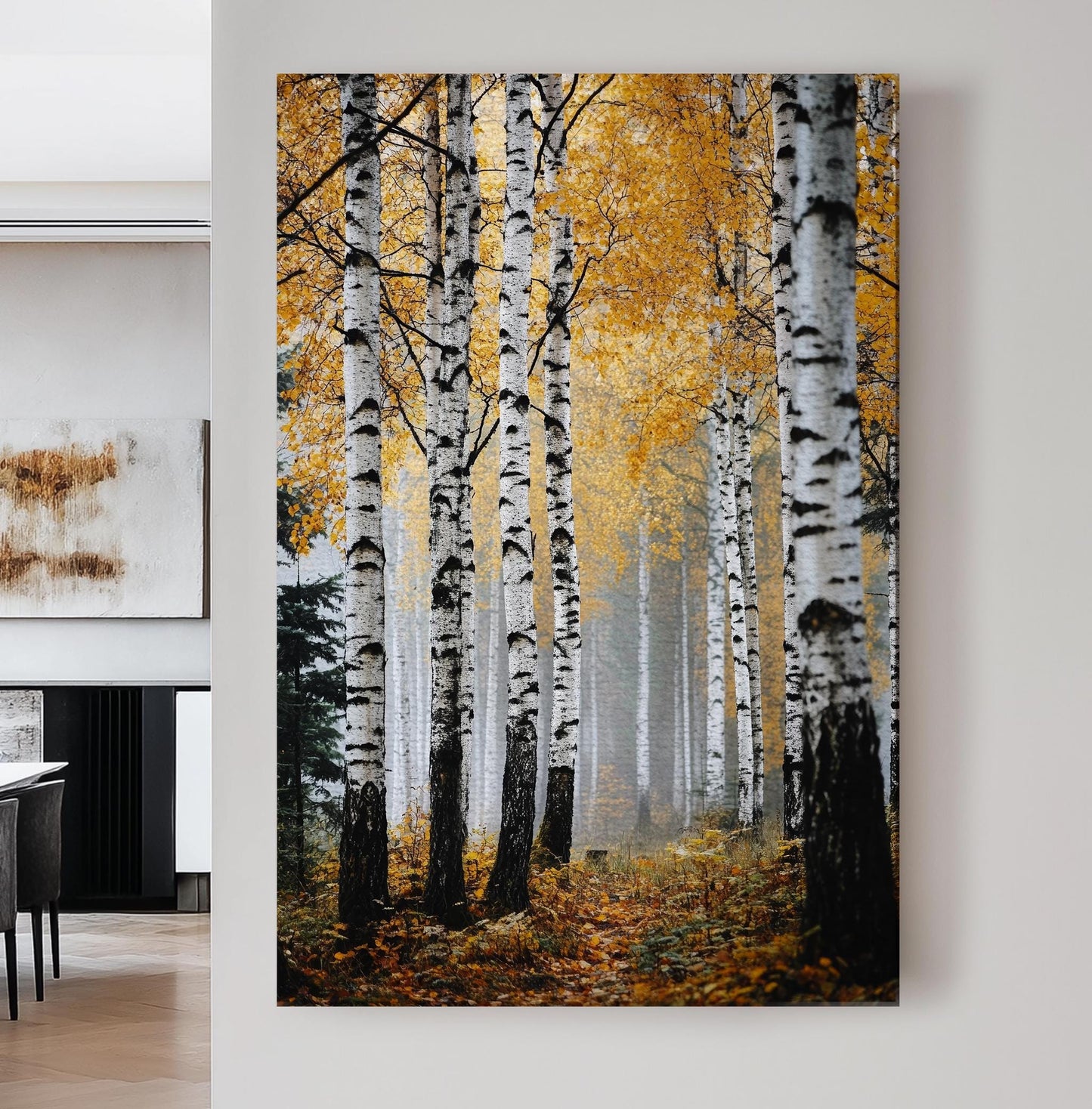 Autumnal Birch Grove Canvas Art | Misty Forest Print | Tranquil Scandinavian Wall Art For Living Room | Honeyed Amber Art Vertical Canvas