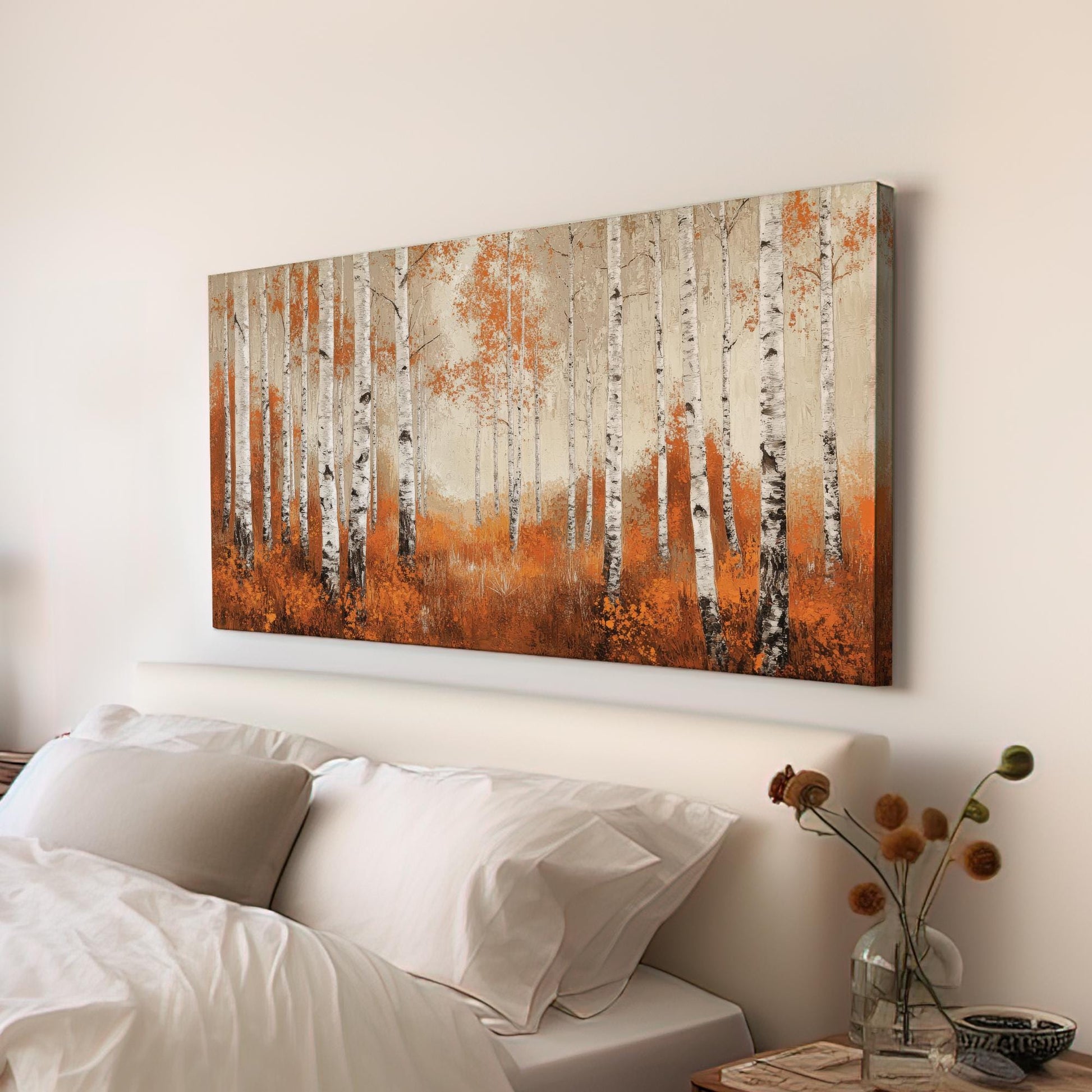 Autumnal Birch Grove Canvas Art | Impasto Print | Transitional Wall Art For Living Room | Burnt Sienna Oyster Art Horizontal Art