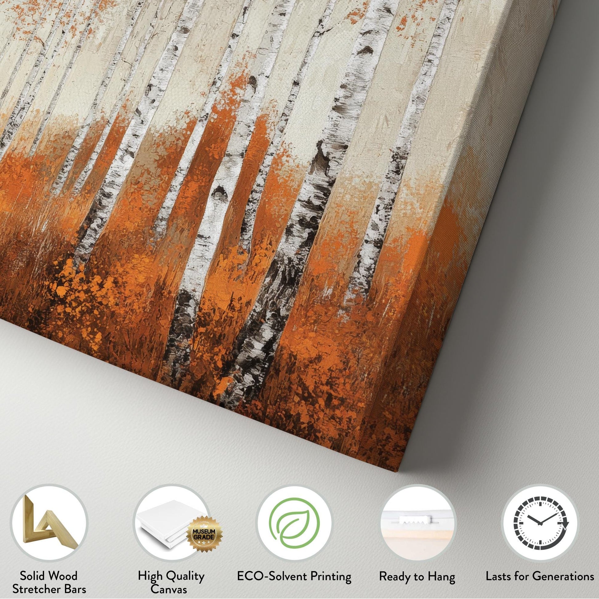 Autumnal Birch Grove Canvas Art | Impasto Print | Transitional Wall Art For Living Room | Burnt Sienna Oyster Art Horizontal Art