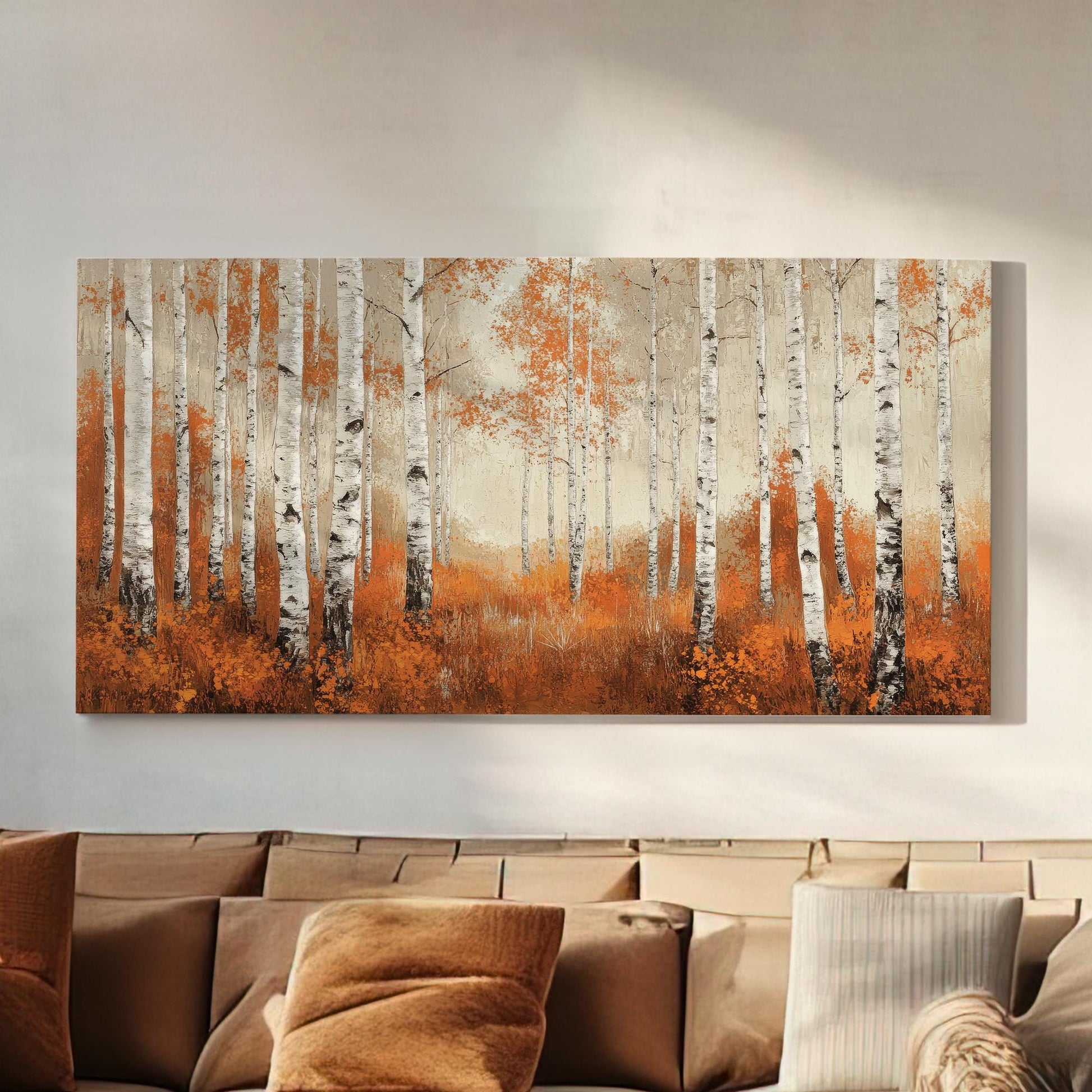Autumnal Birch Grove Canvas Art | Impasto Print | Transitional Wall Art For Living Room | Burnt Sienna Oyster Art Horizontal Art