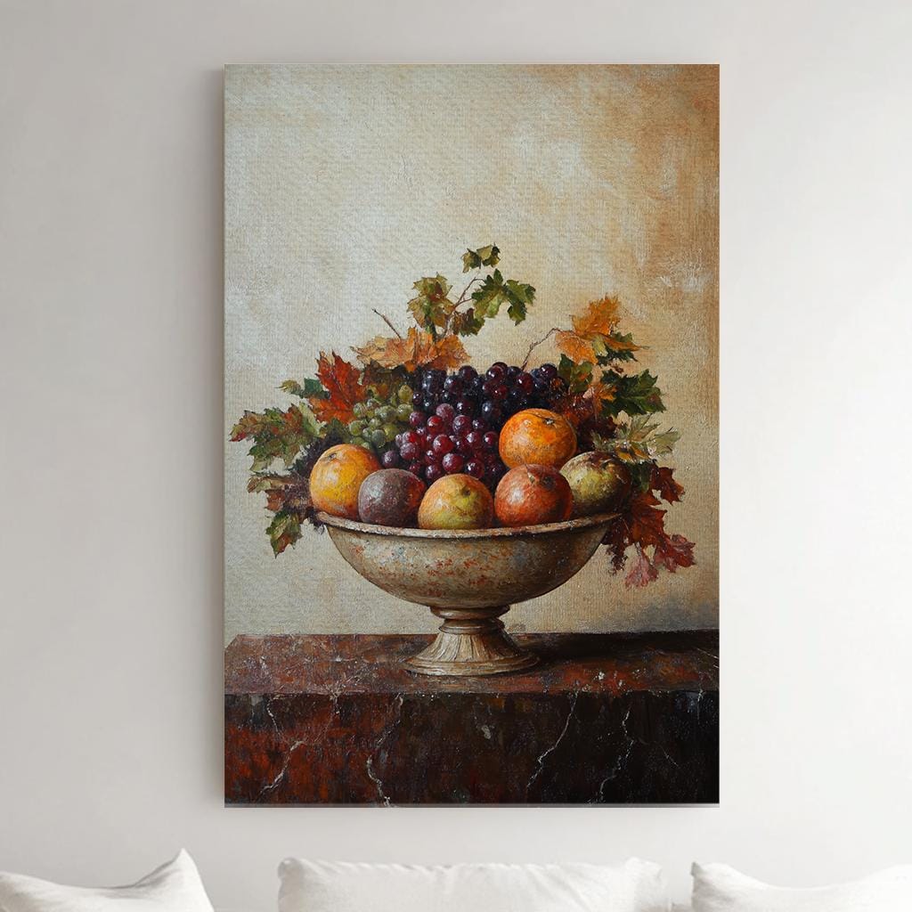 Autumnal Abundance Canvas Art | Impasto Fruit Print | Transitional Wall Art For Dining Room | Burnished Sienna Art Vertical Canvas