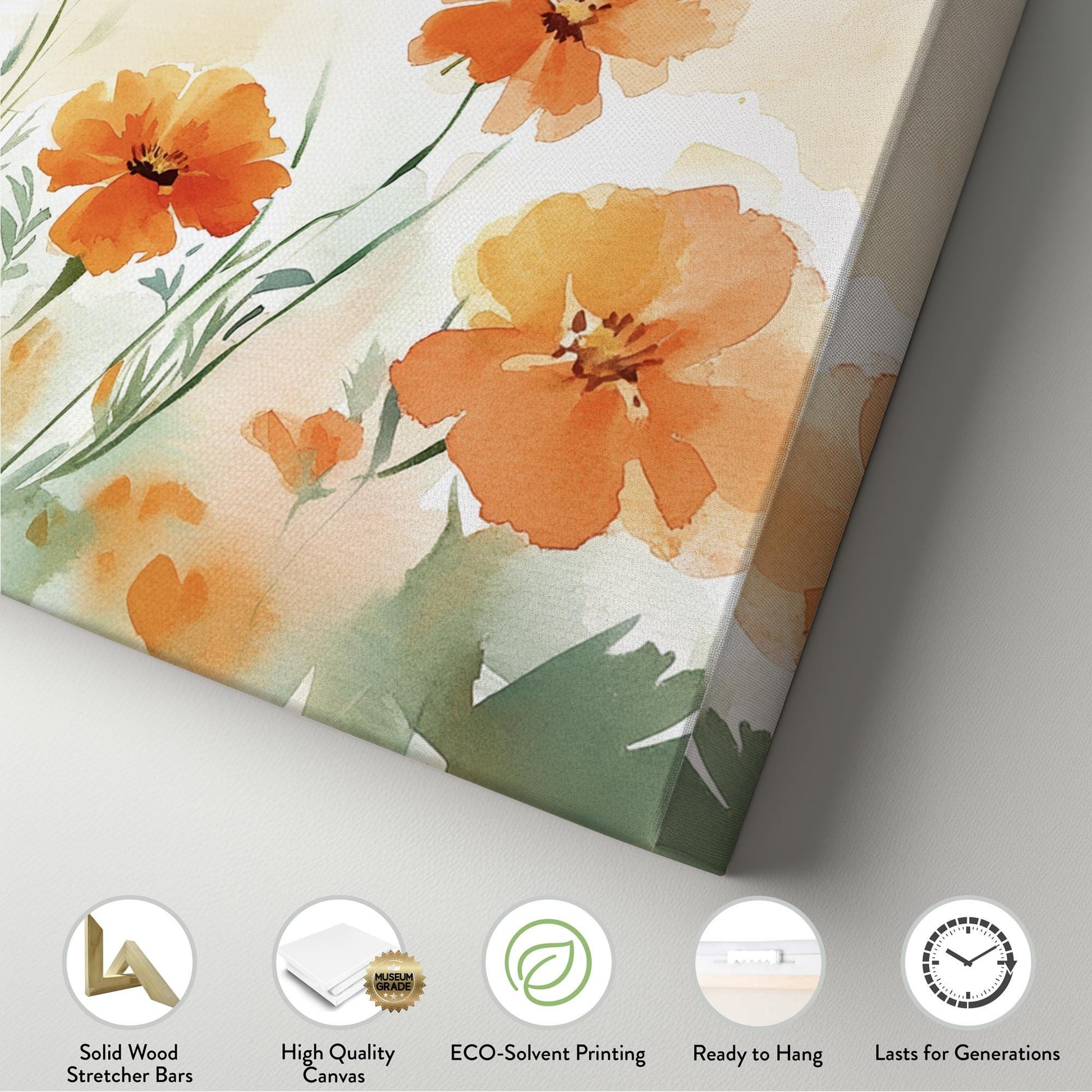 Apricot Blossom Meadow Canvas Art | Loose Watercolor Print | Bohemian Wall Art For Living Room | Tangerine Sunset Art Panoramic Wall Art