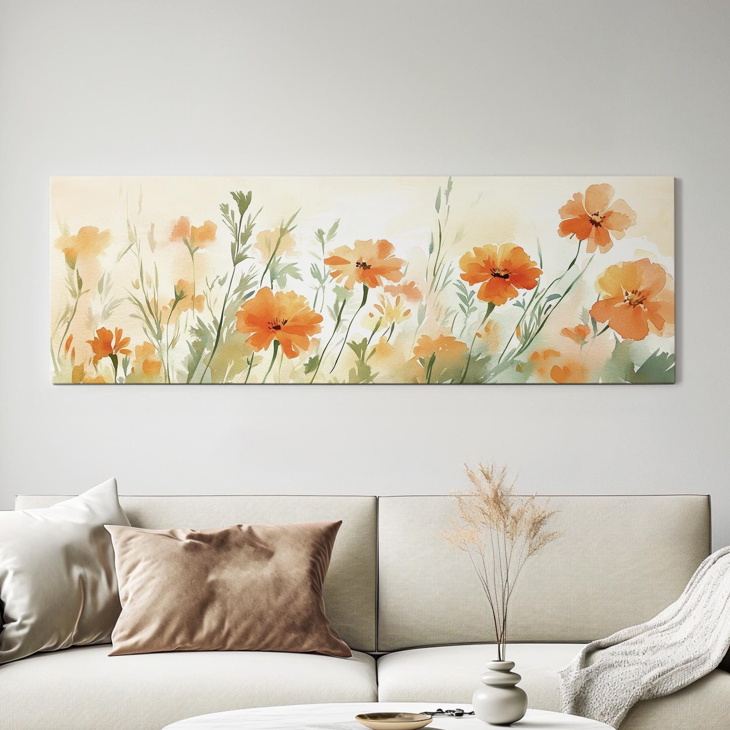 Apricot Blossom Meadow Canvas Art | Loose Watercolor Print | Bohemian Wall Art For Living Room | Tangerine Sunset Art Panoramic Wall Art