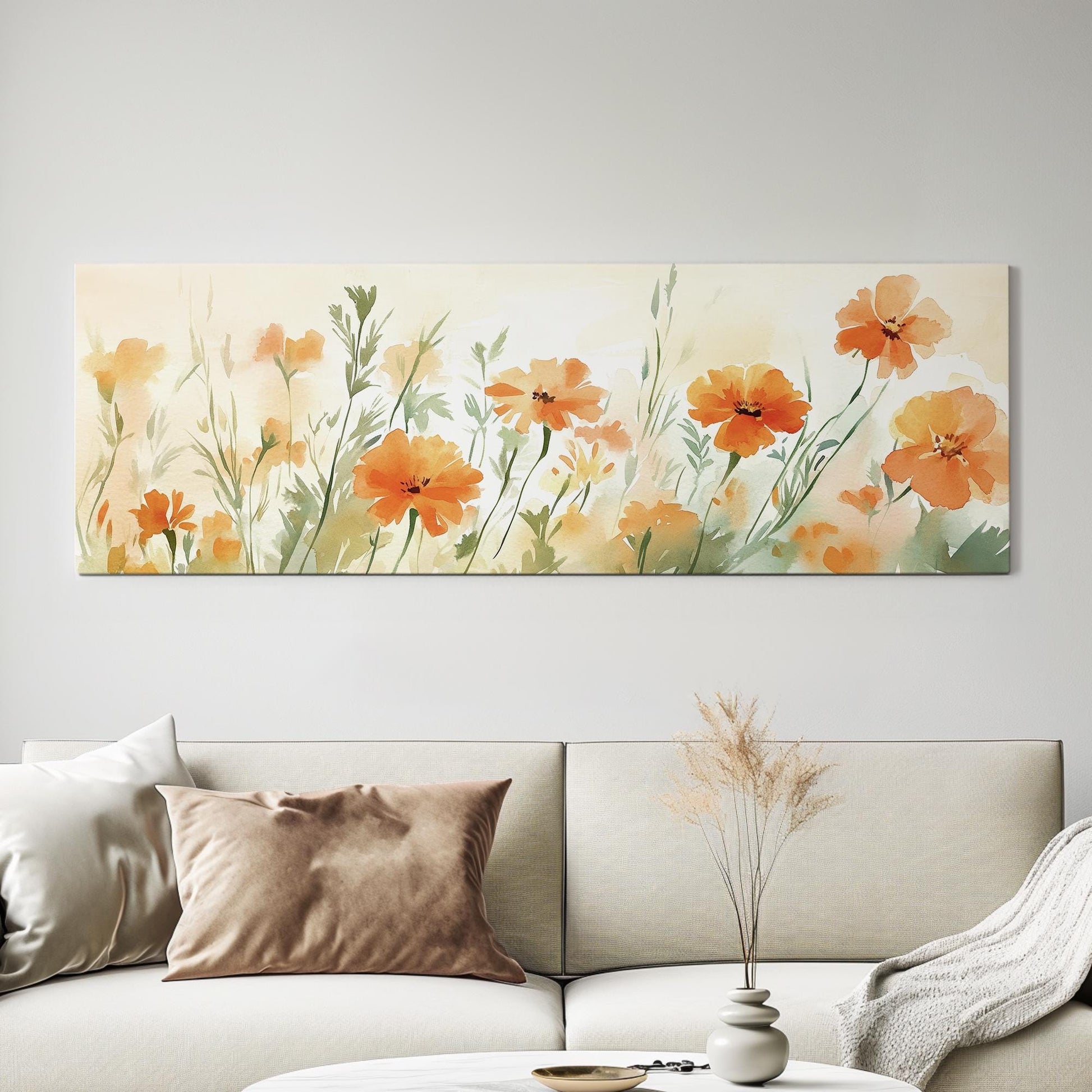 Apricot Blossom Meadow Canvas Art | Loose Watercolor Print | Bohemian Wall Art For Living Room | Tangerine Sunset Art Panoramic Wall Art