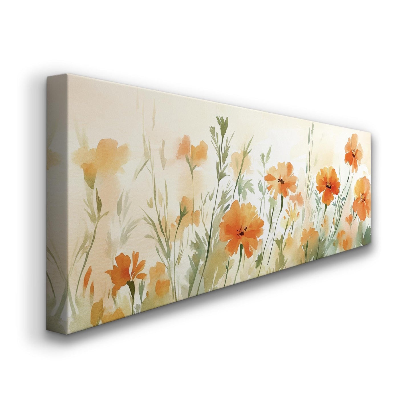 Apricot Blossom Meadow Canvas Art | Loose Watercolor Print | Bohemian Wall Art For Living Room | Tangerine Sunset Art Panoramic Wall Art