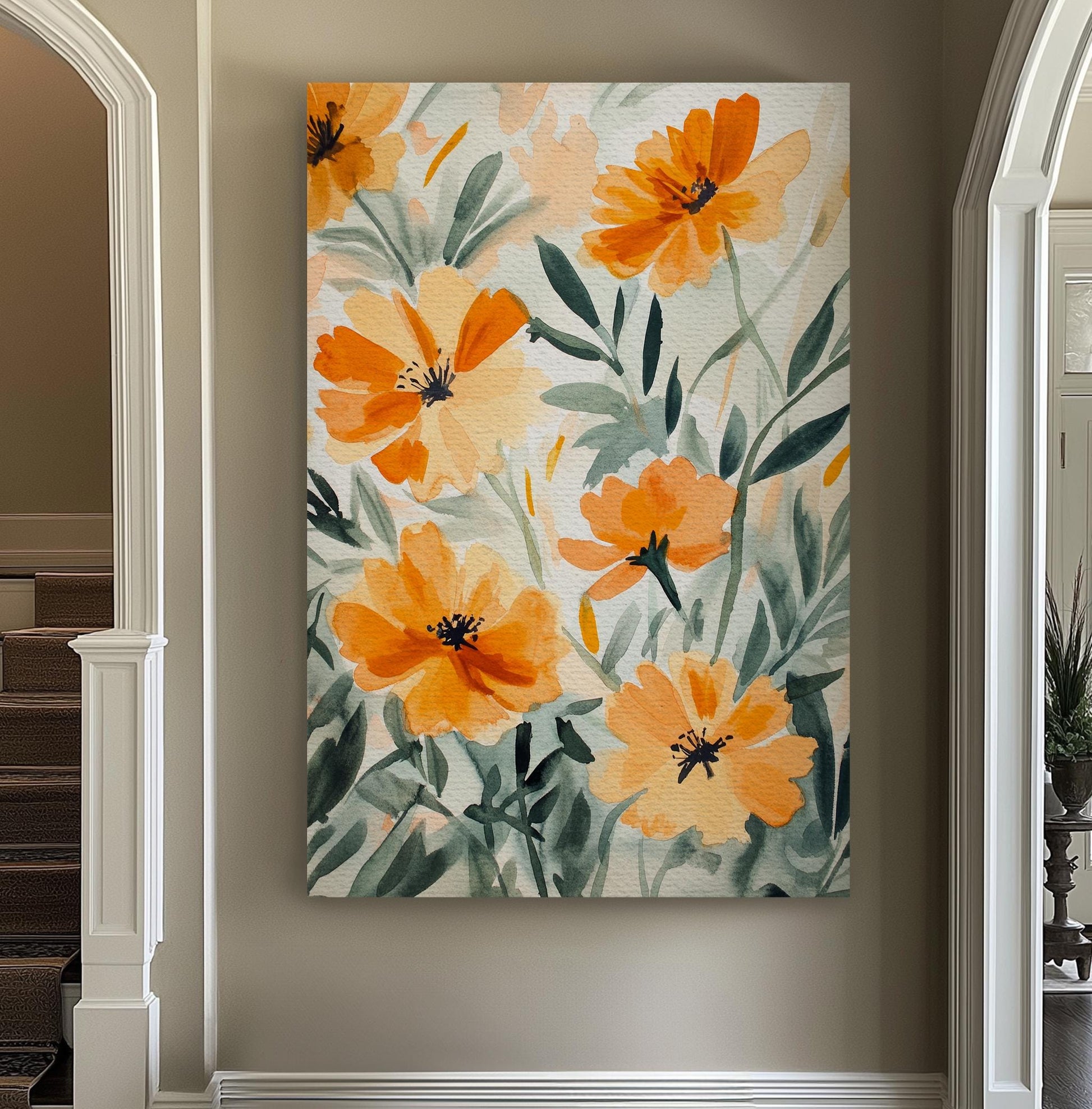 Apricot Blossom Canvas Art | Loose Watercolor Print | Japandi Wall Art For Living Room | Honeycomb Hues Art Vertical Canvas