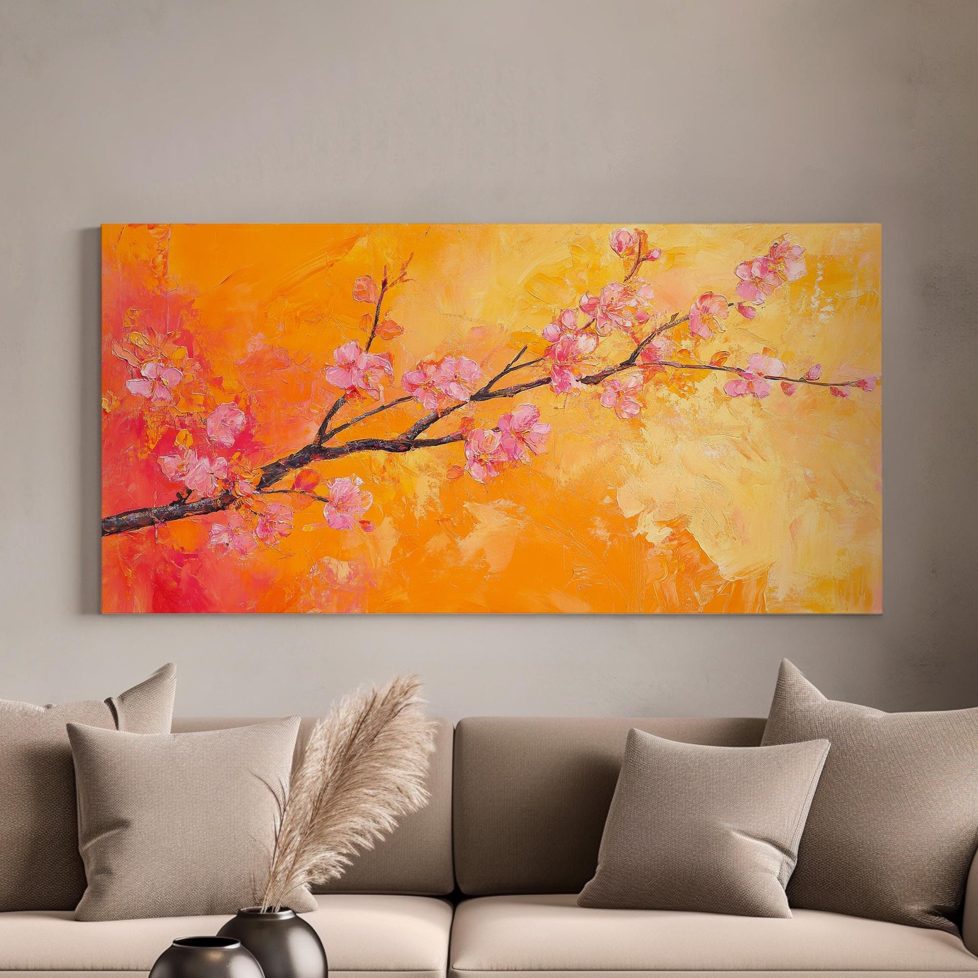 Apricot Blossom Branch Canvas Art | Impasto Painting Print | Bohemian Modern Wall Art For Living Room | Tangerine Apricot Art Horizontal Art