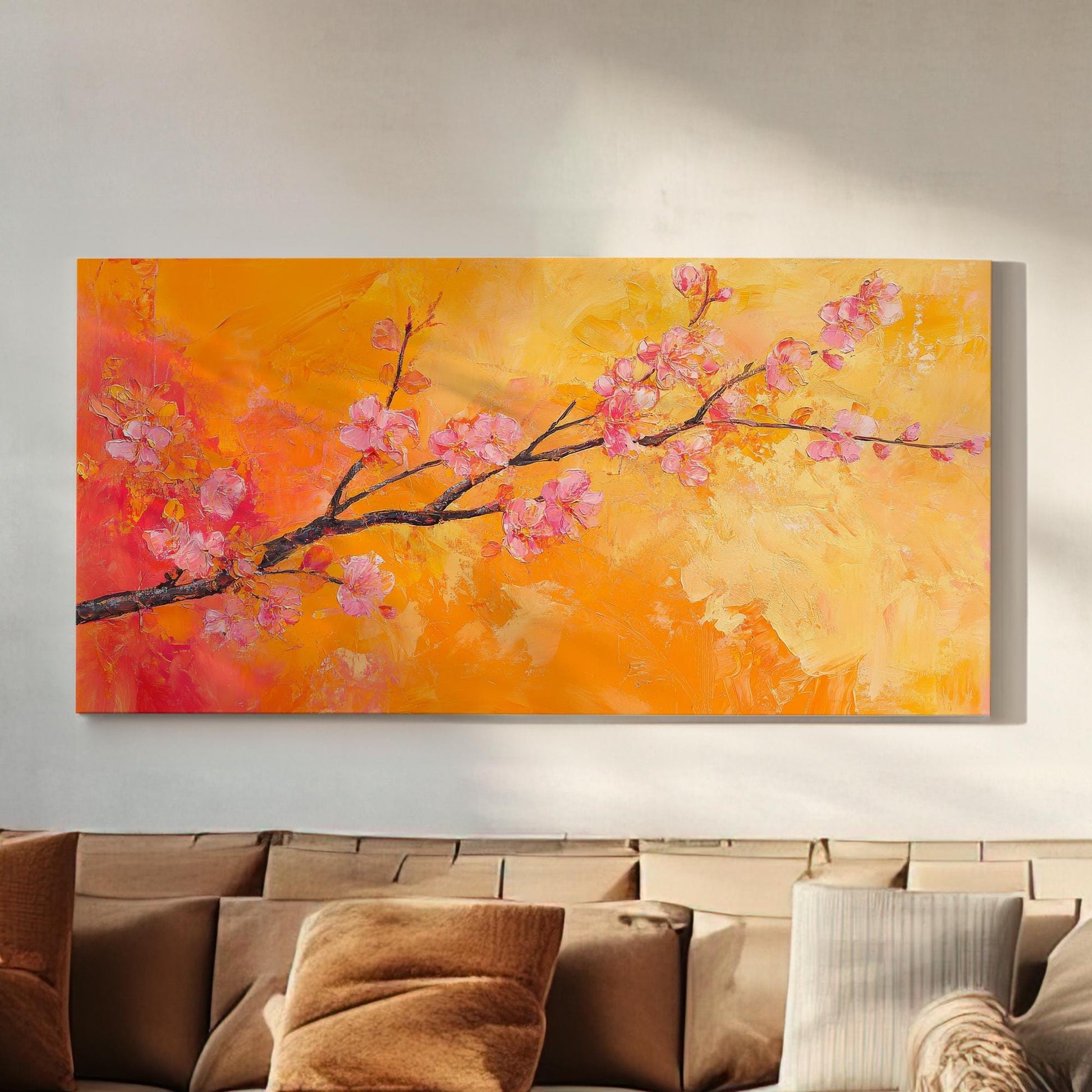 Apricot Blossom Branch Canvas Art | Impasto Painting Print | Bohemian Modern Wall Art For Living Room | Tangerine Apricot Art Horizontal Art