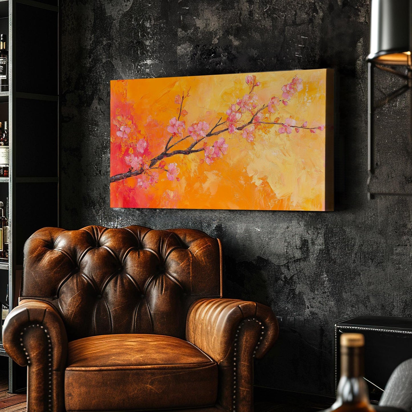 Apricot Blossom Branch Canvas Art | Impasto Painting Print | Bohemian Modern Wall Art For Living Room | Tangerine Apricot Art Horizontal Art