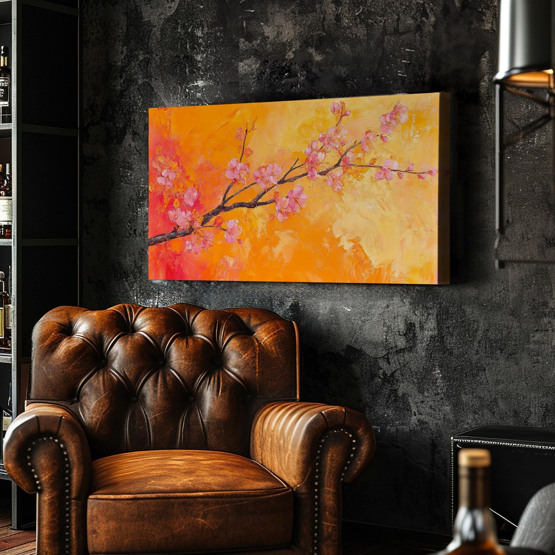 Apricot Blossom Branch Canvas Art | Impasto Painting Print | Bohemian Modern Wall Art For Living Room | Tangerine Apricot Art Horizontal Art