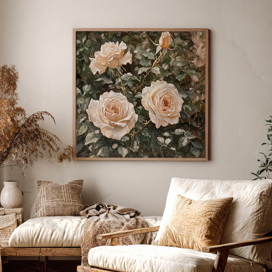 Antique Rose Garden Canvas Art | Impasto Oil Print | Bohemian Wall Art For Living Room | Blush Beige Art Square Canvas Art