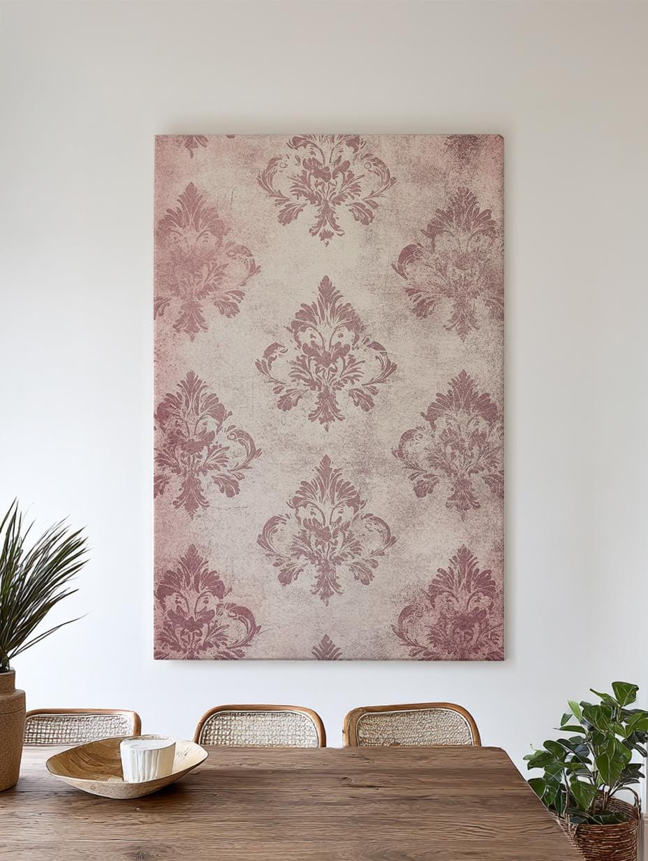 Antique Damask Canvas Art | Distressed Vintage Print | Bohemian Chic Wall Art For Living Room | Mauve Rose Art Vertical Canvas