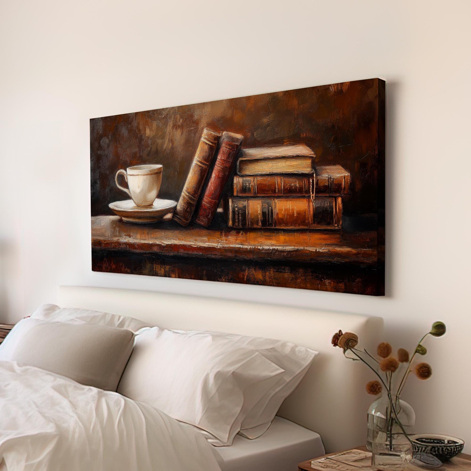 Antique Books Coffee Cup Canvas Art | Impasto Oil Print | Transitional Wall Art For Living Room | Warm Espresso Art Horizontal Art