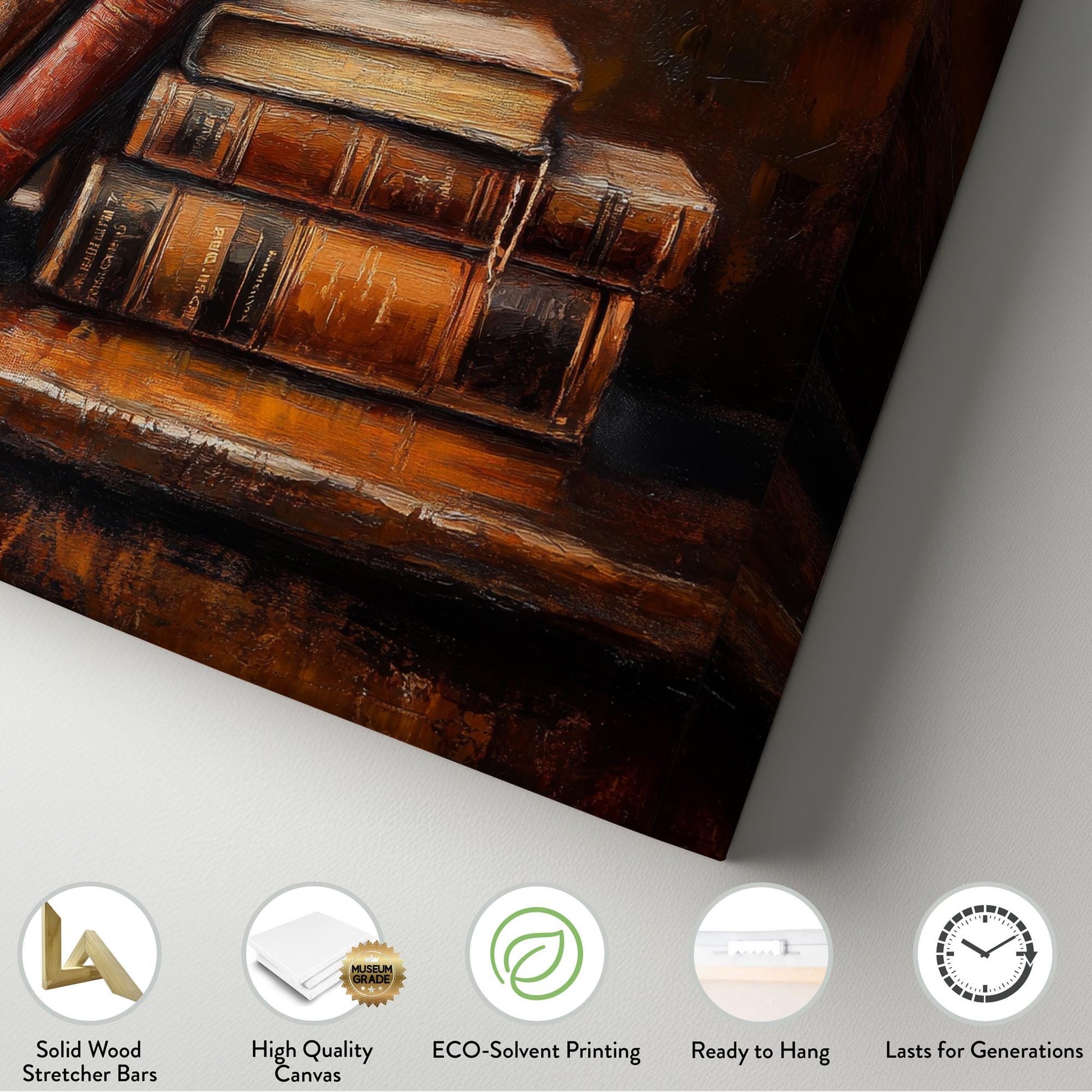 Antique Books Coffee Cup Canvas Art | Impasto Oil Print | Transitional Wall Art For Living Room | Warm Espresso Art Horizontal Art