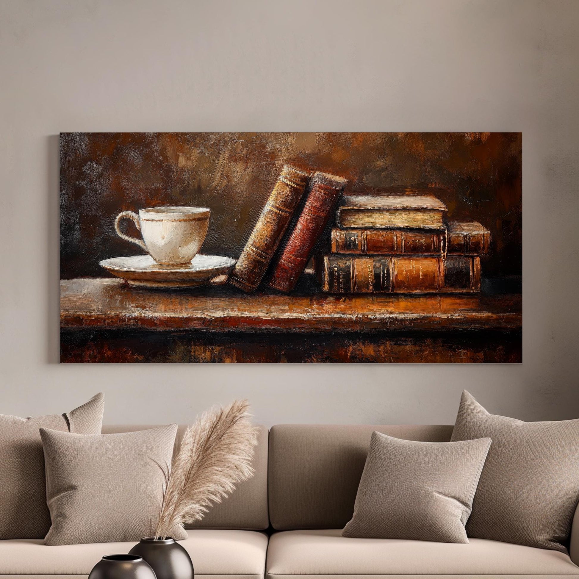 Antique Books Coffee Cup Canvas Art | Impasto Oil Print | Transitional Wall Art For Living Room | Warm Espresso Art Horizontal Art