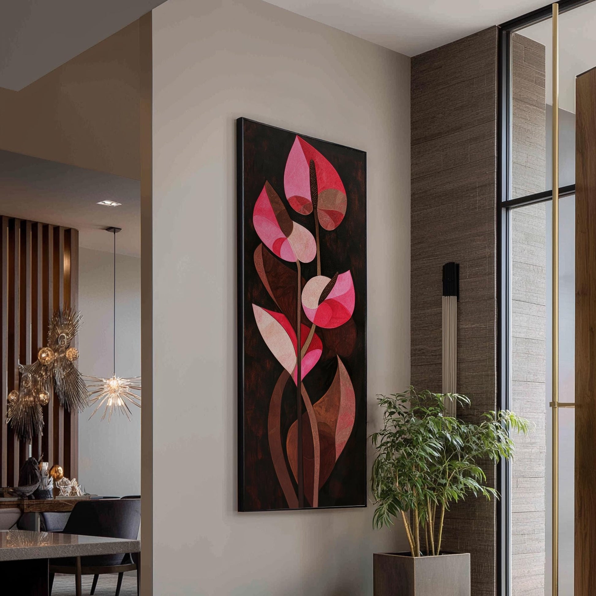 Anthurium Floral Canvas Art | Cubist Inspired Print | Bohemian Modern Wall Art For Living Room | Deep Rose Mahogany Art Long Vertical Art
