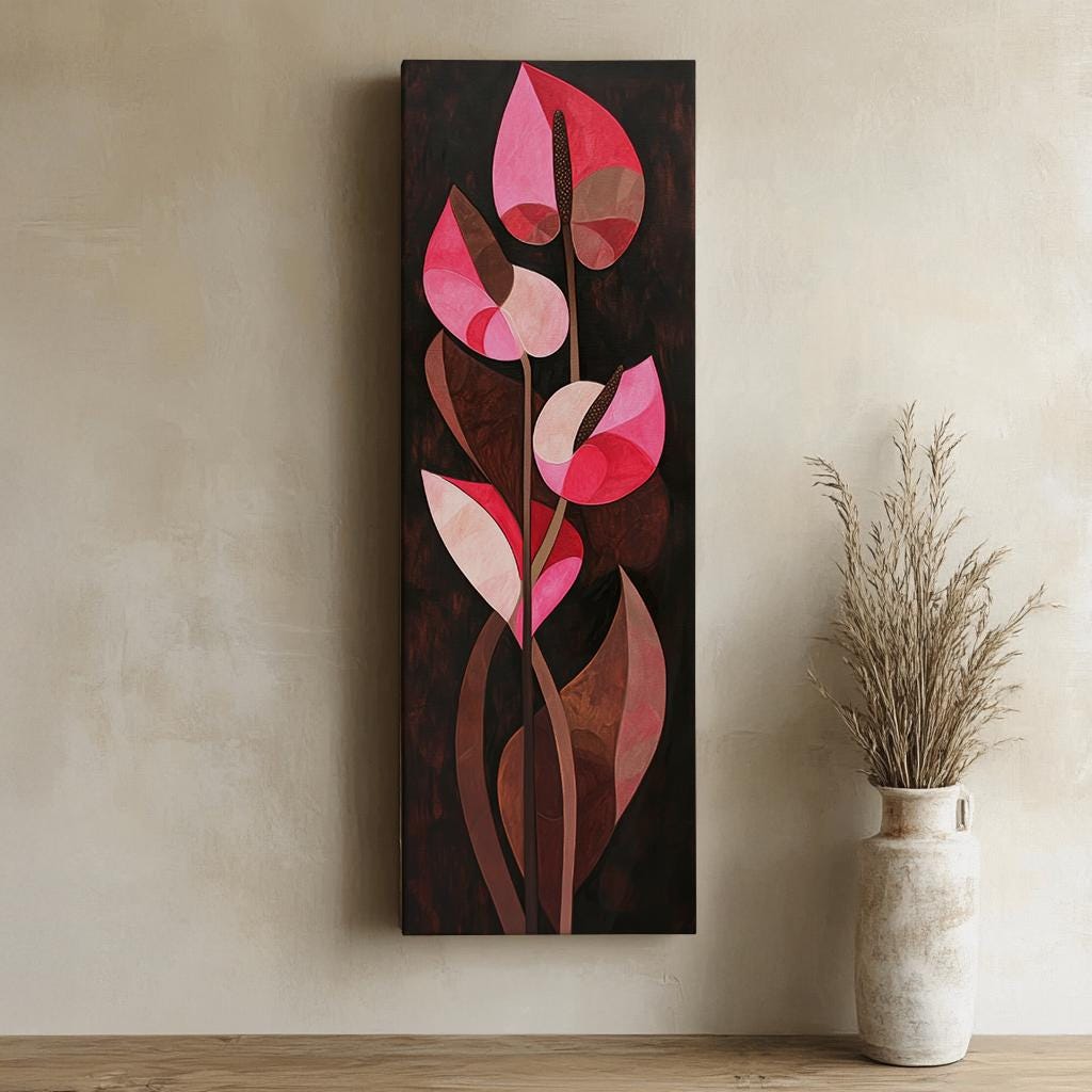 Anthurium Floral Canvas Art | Cubist Inspired Print | Bohemian Modern Wall Art For Living Room | Deep Rose Mahogany Art Long Vertical Art