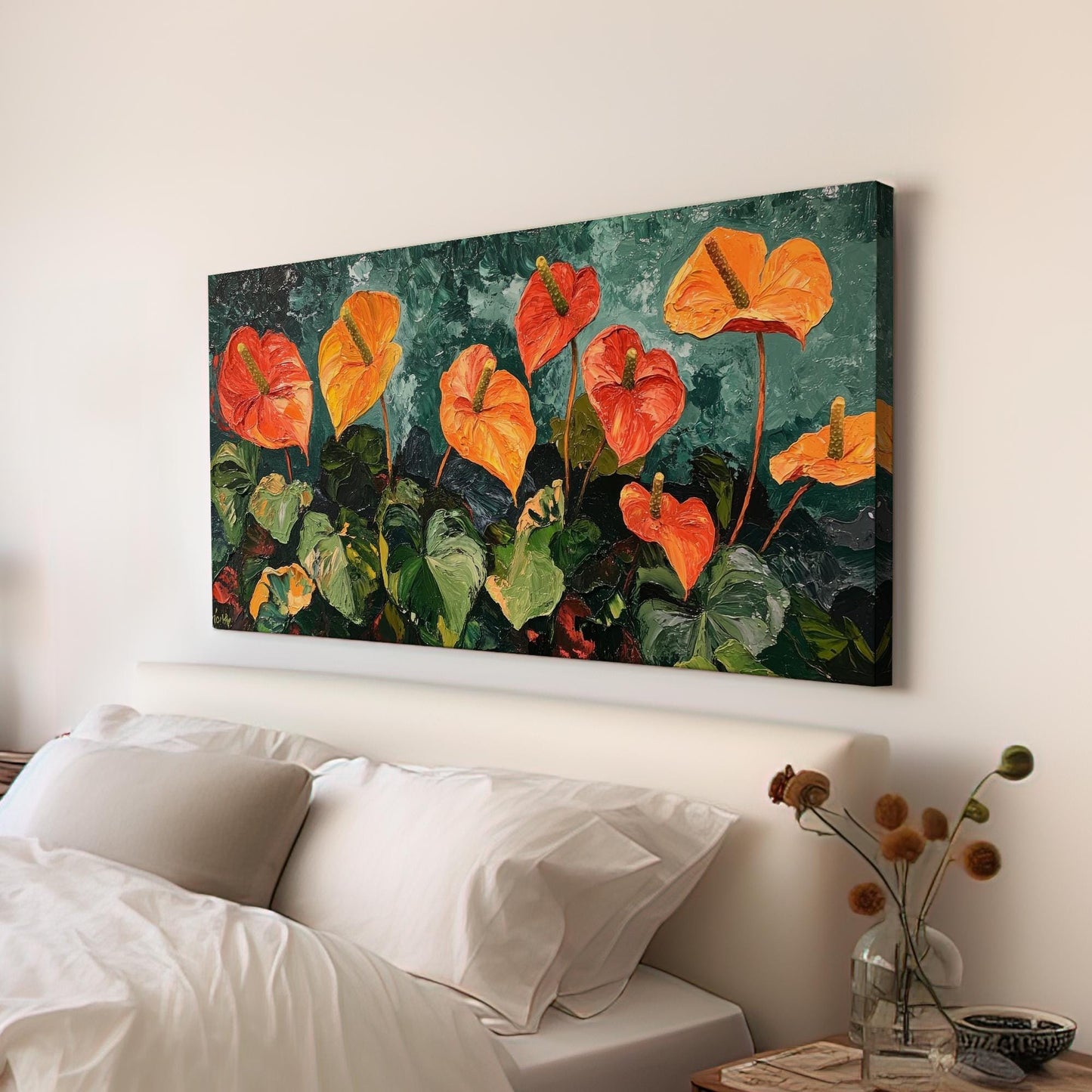 Anthurium Botanical Canvas Art | Impasto Palette Knife Print | Bohemian Modern Wall Art For Living Room | Terracotta Jade Art Horizontal Art
