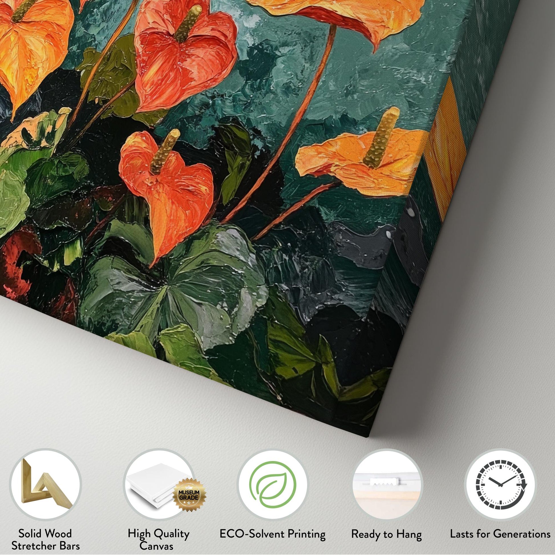 Anthurium Botanical Canvas Art | Impasto Palette Knife Print | Bohemian Modern Wall Art For Living Room | Terracotta Jade Art Horizontal Art