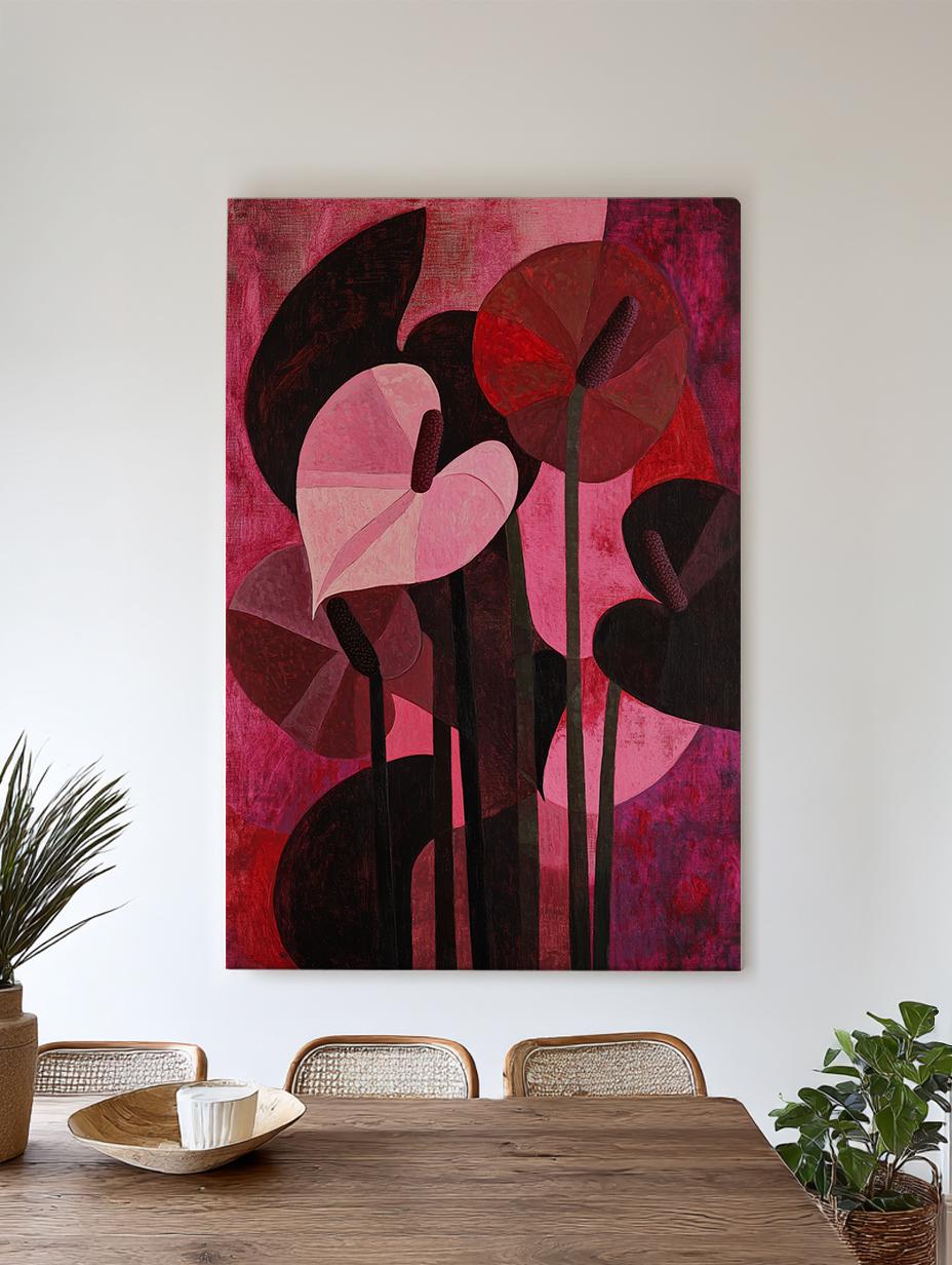 Anthurium Blooms Canvas Art | Impasto Print | Mid Century Modern Wall Art For Living Room | Crimson Rose Art Vertical Canvas