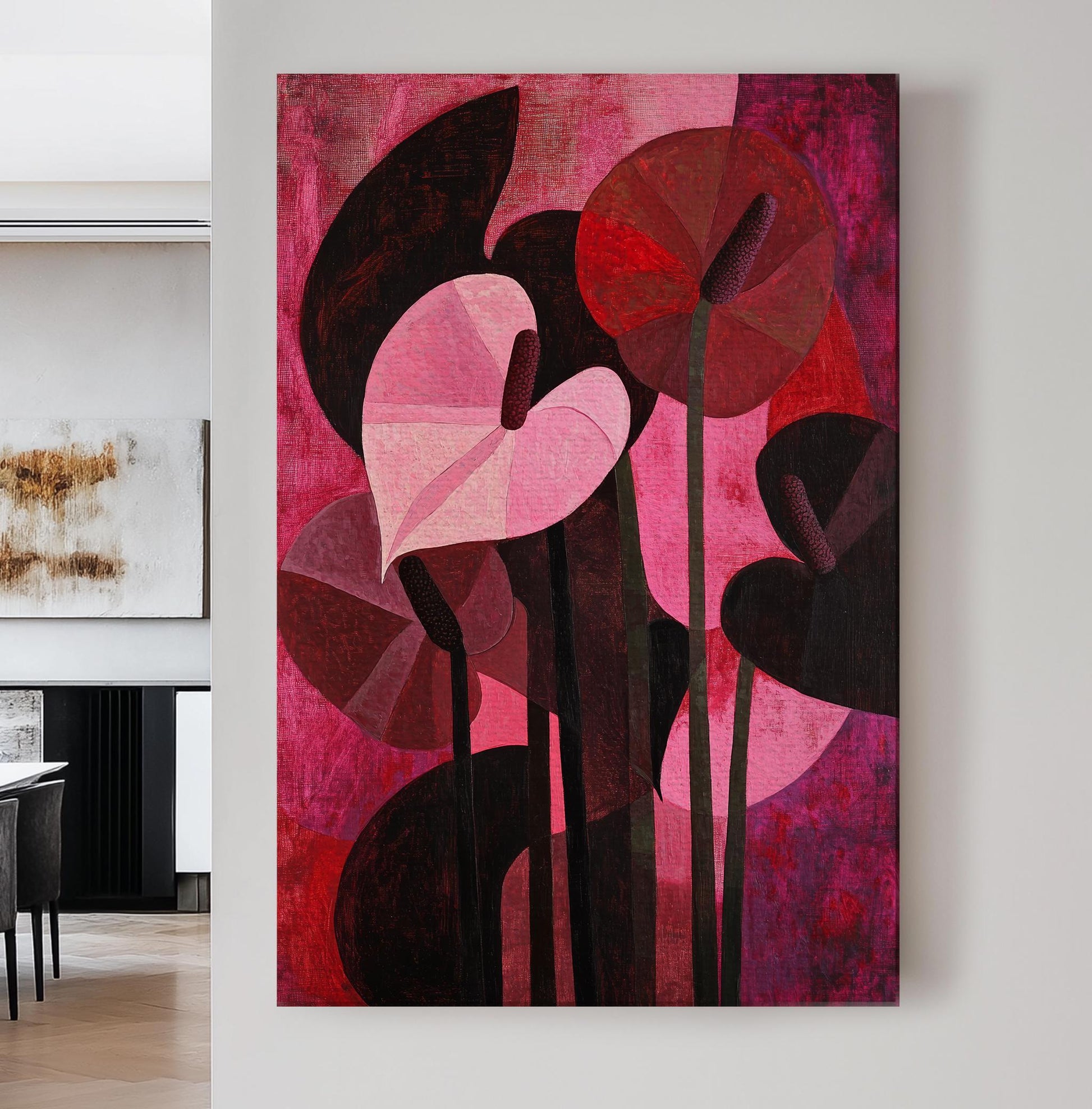 Anthurium Blooms Canvas Art | Impasto Print | Mid Century Modern Wall Art For Living Room | Crimson Rose Art Vertical Canvas