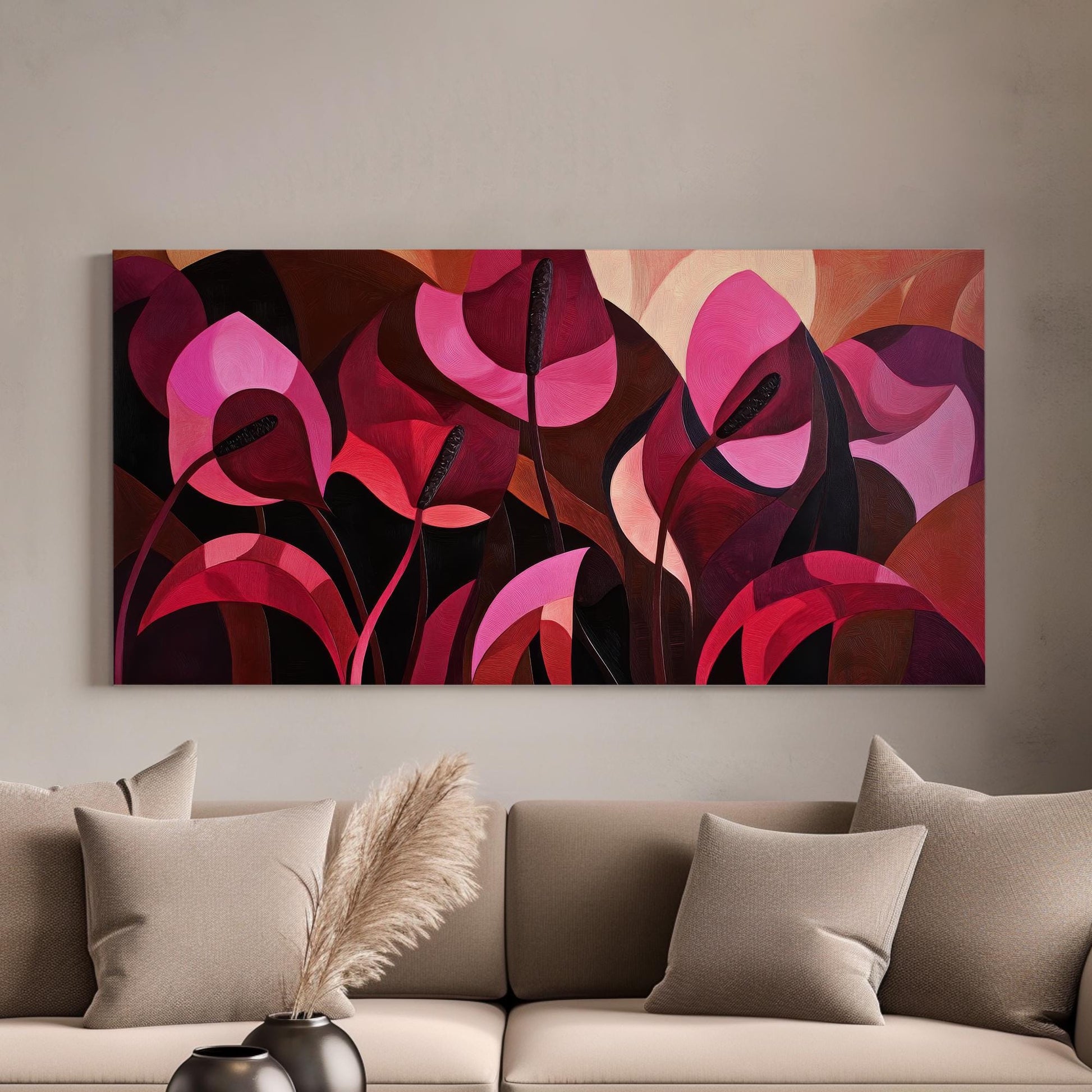 Anthurium Blooms Canvas Art | Impasto Print | Biophilic Wall Art For Living Room | Crimson Blush Art Horizontal Art