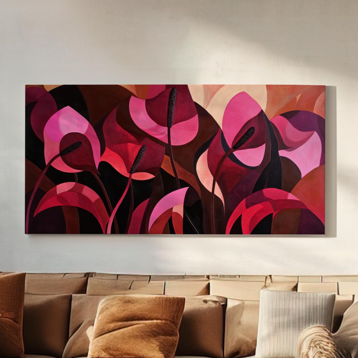 Anthurium Blooms Canvas Art | Impasto Print | Biophilic Wall Art For Living Room | Crimson Blush Art Horizontal Art