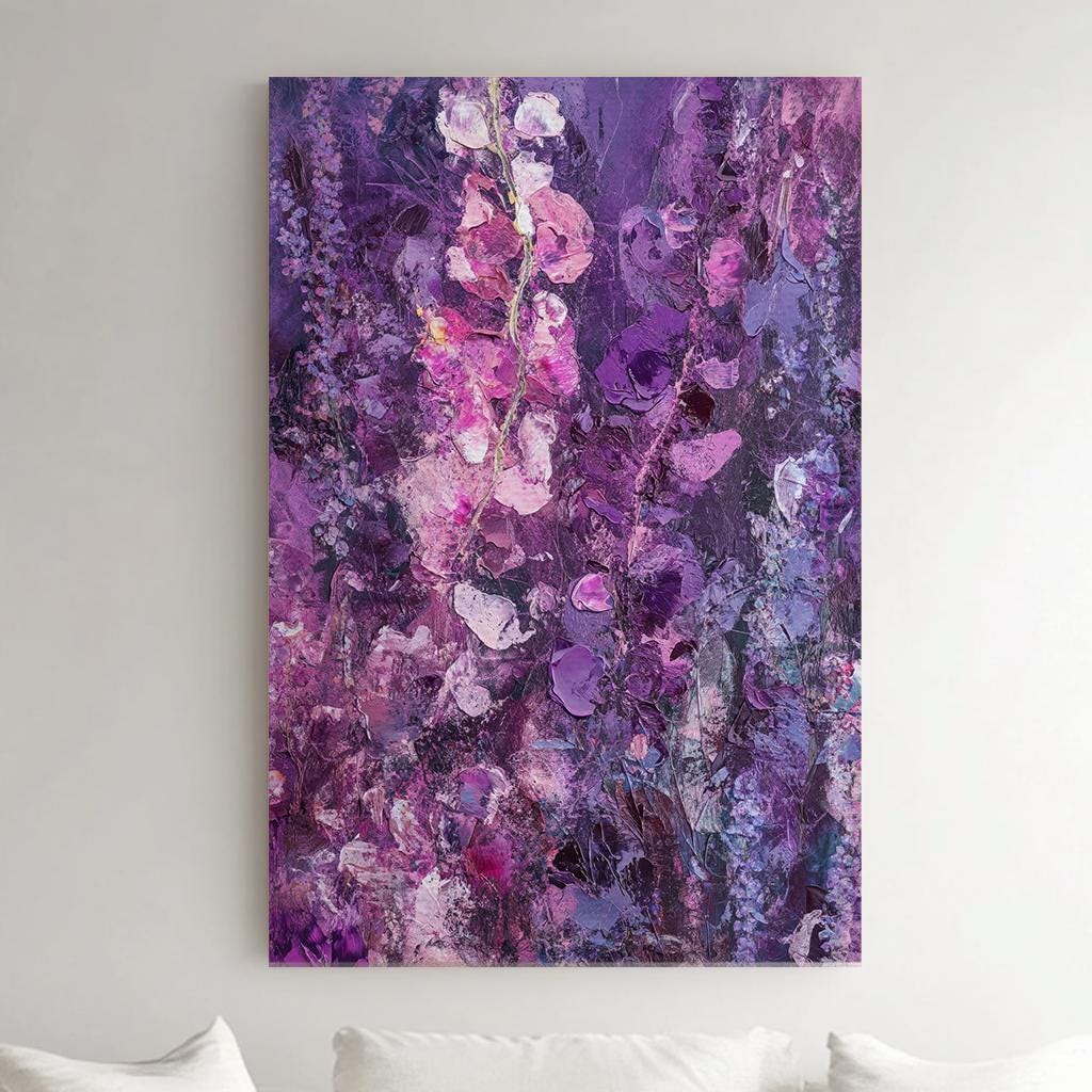 Wisteria Floral Canvas Art | Impasto Painting Print | Bohemian Wall Art For Living Room | Amethyst Purple Art Vertical Canvas