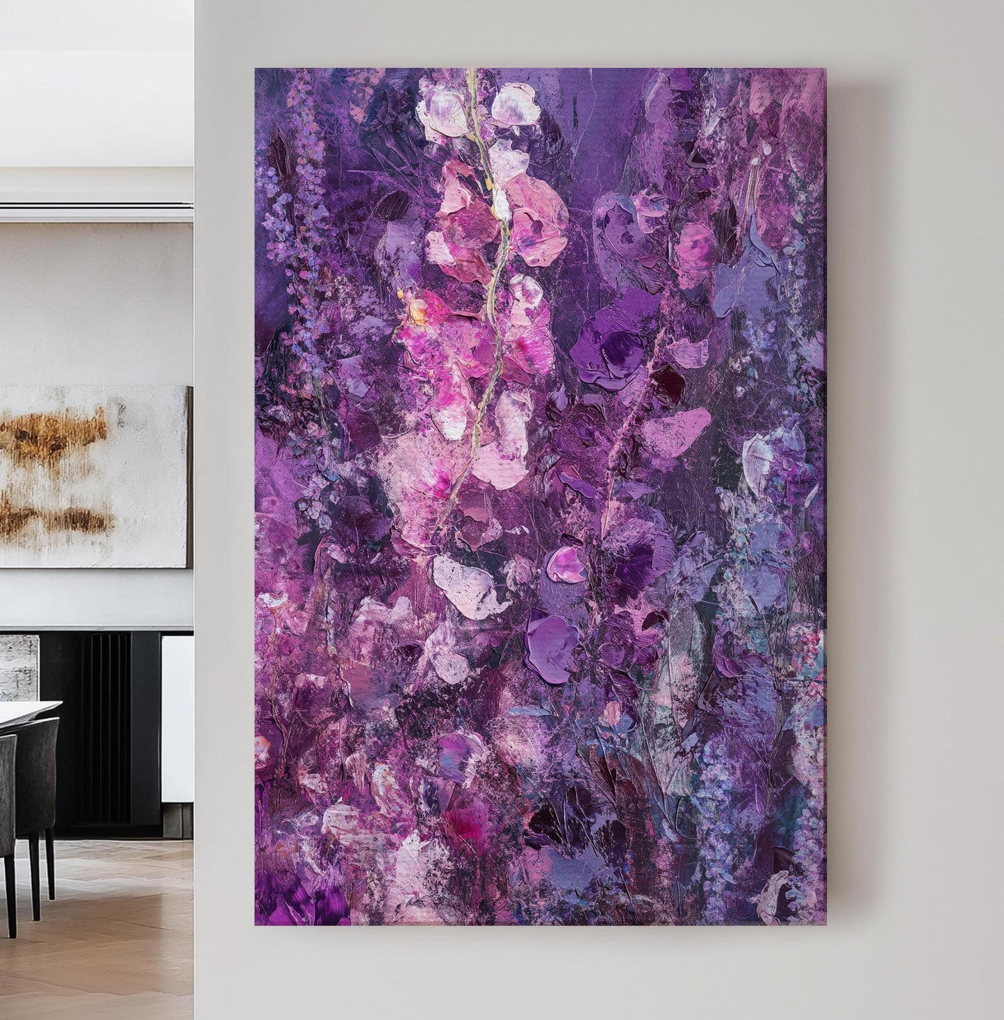 Wisteria Floral Canvas Art | Impasto Painting Print | Bohemian Wall Art For Living Room | Amethyst Purple Art Vertical Canvas