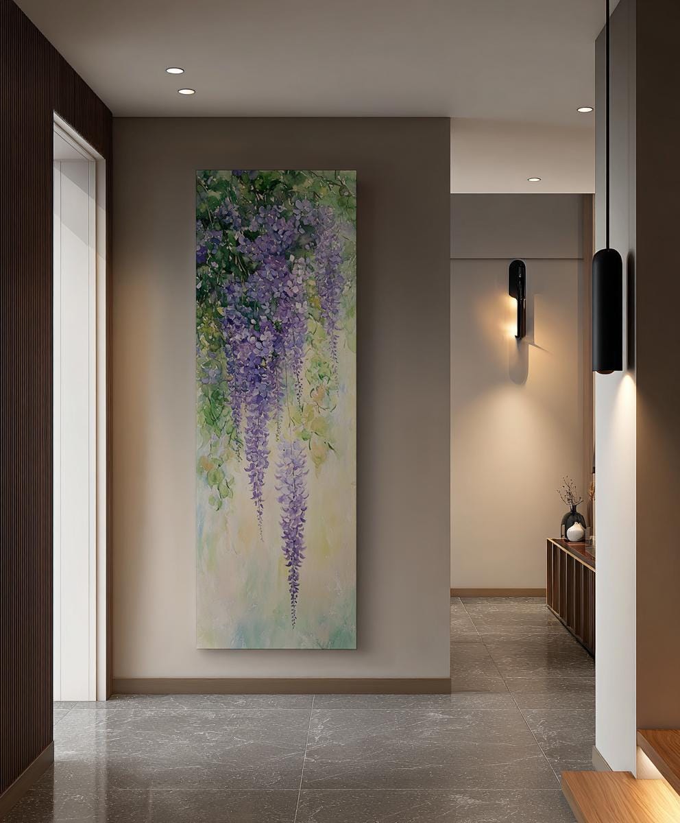 Wisteria Cascading Canvas Art | Loose Watercolor Print | Bohemian Wall Art For Living Room | Lavender Mist Art Long Vertical Art